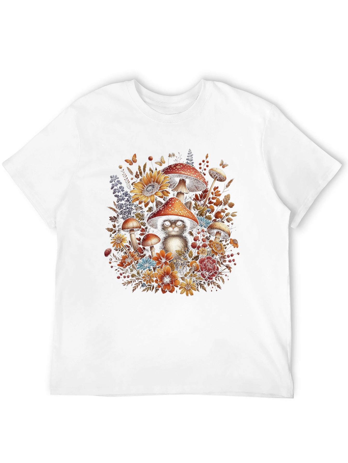 Whimsical Cat in Mushroom Patch T-Shirt