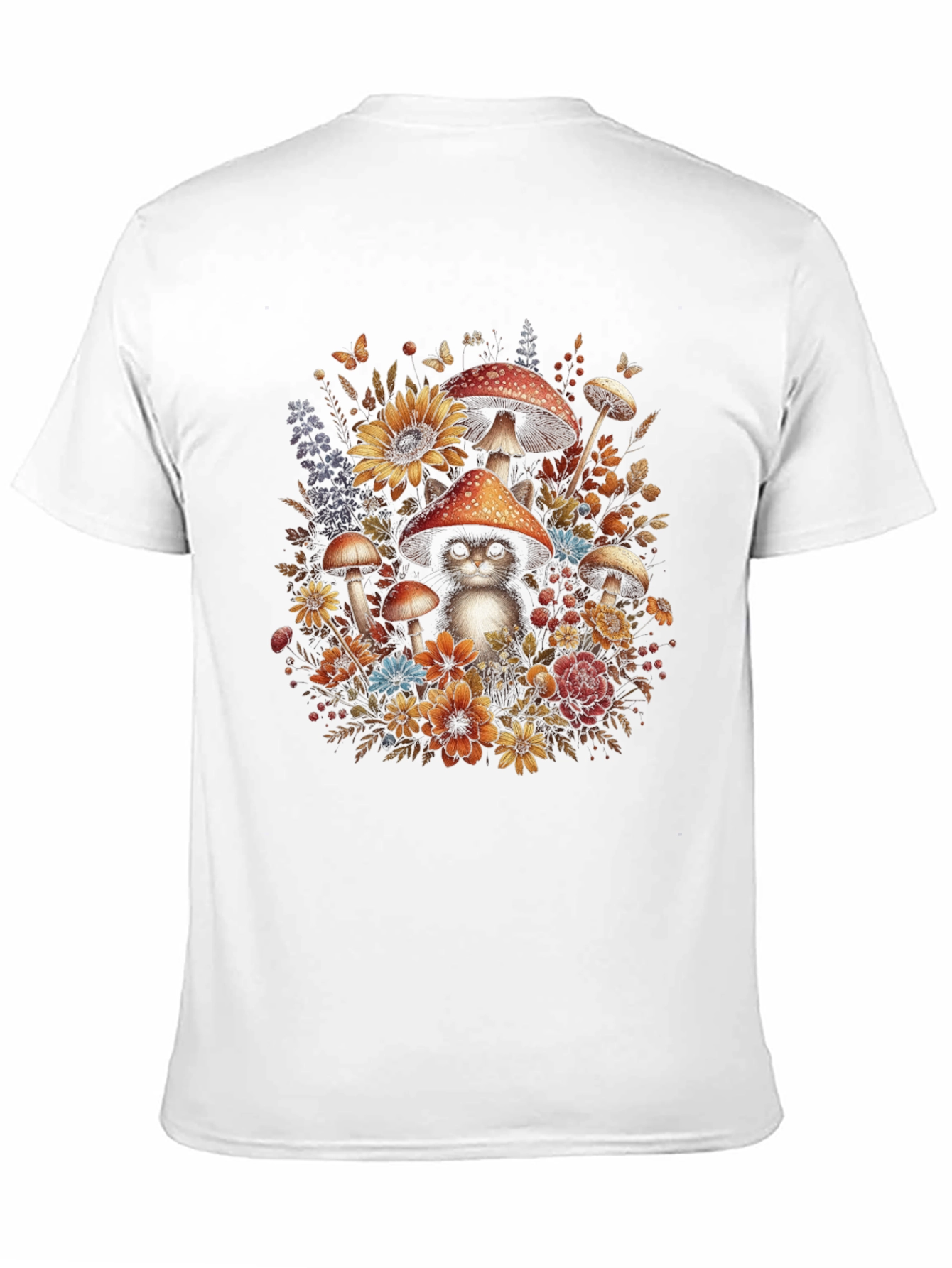 Whimsical Cat in Mushroom Patch T-Shirt