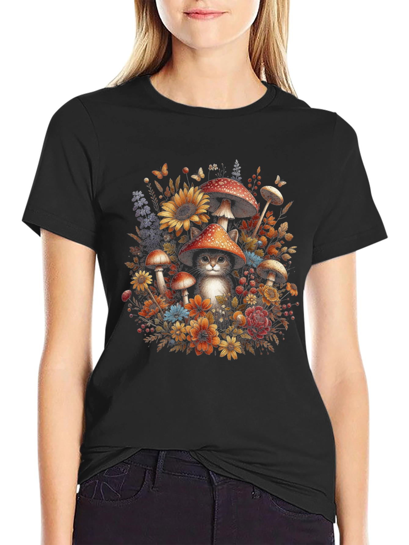 Whimsical Cat in Mushroom Patch T-Shirt
