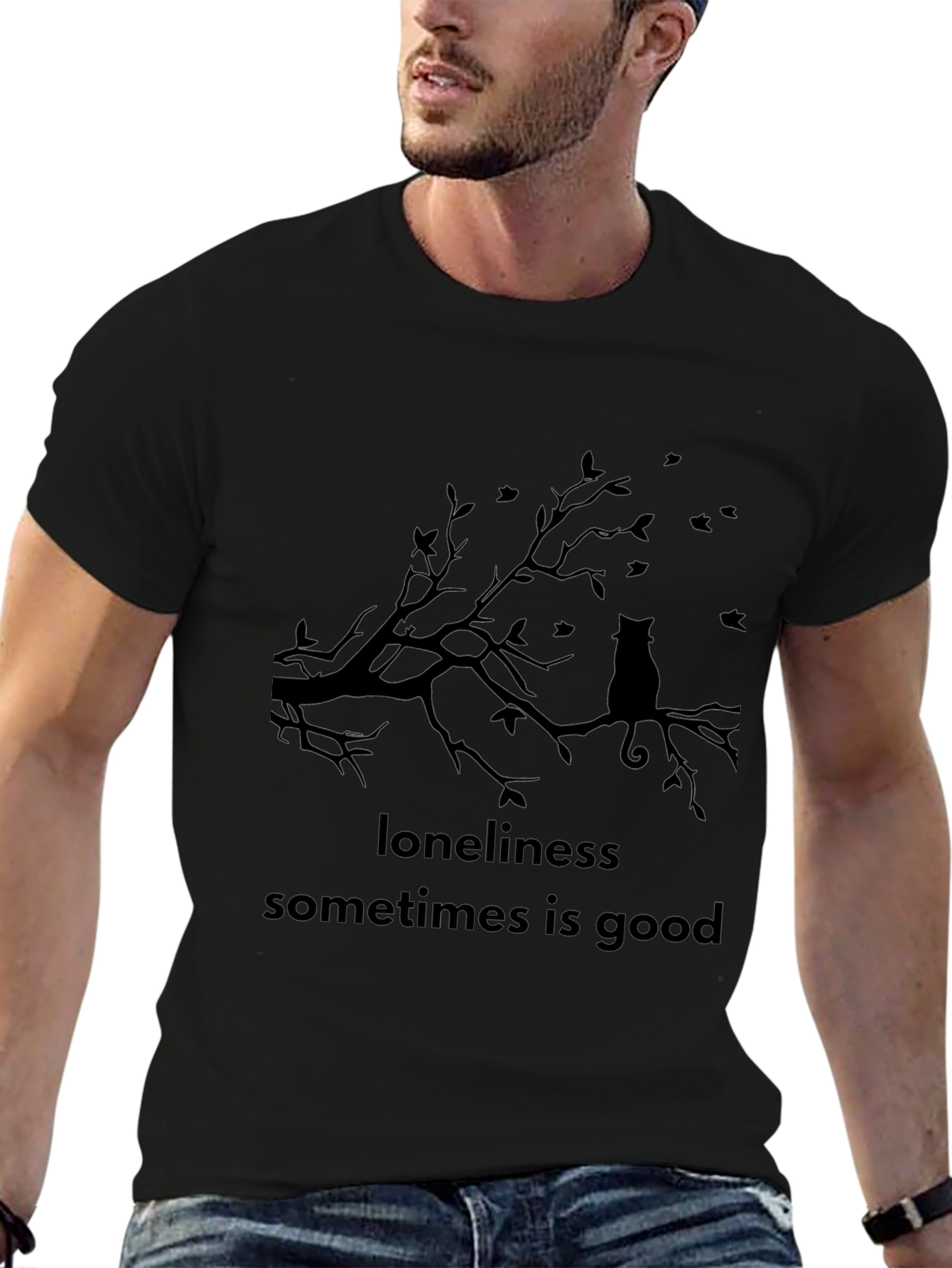 Loneliness is Good Cat Tee - Black Graphic T-Shirt
