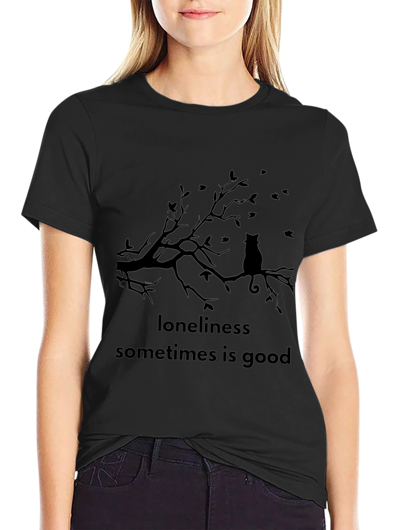 Loneliness is Good Cat Tee - Black Graphic T-Shirt