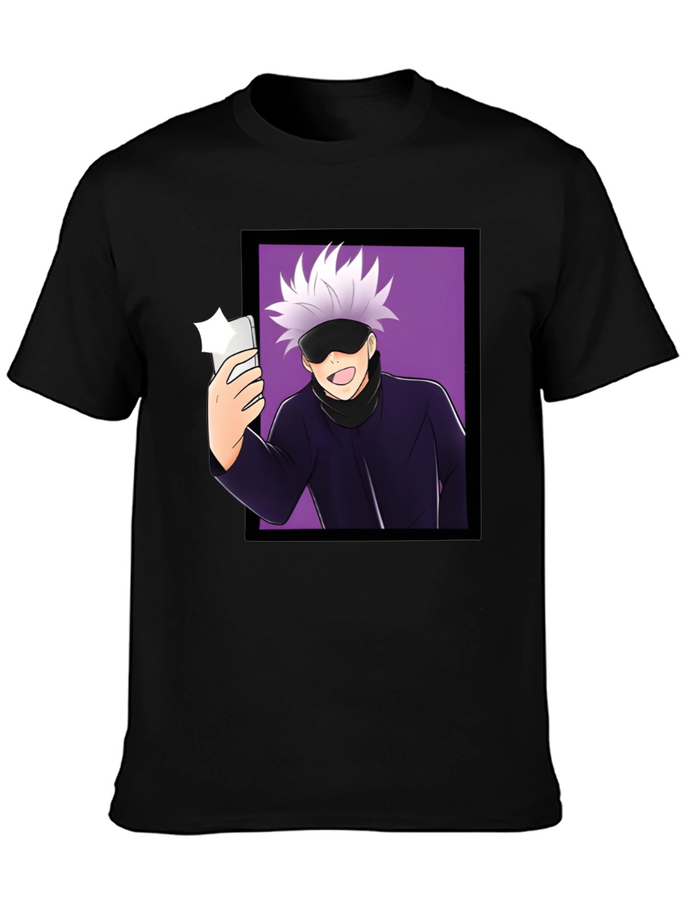 Anime Gojo Satoru Taking Selfie Graphic Black T-Shirt