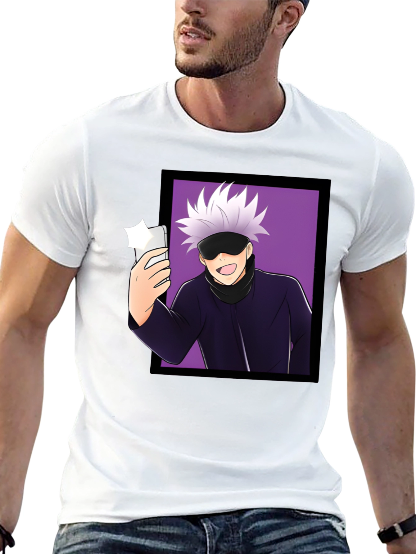 Anime Gojo Satoru Taking Selfie Graphic Black T-Shirt