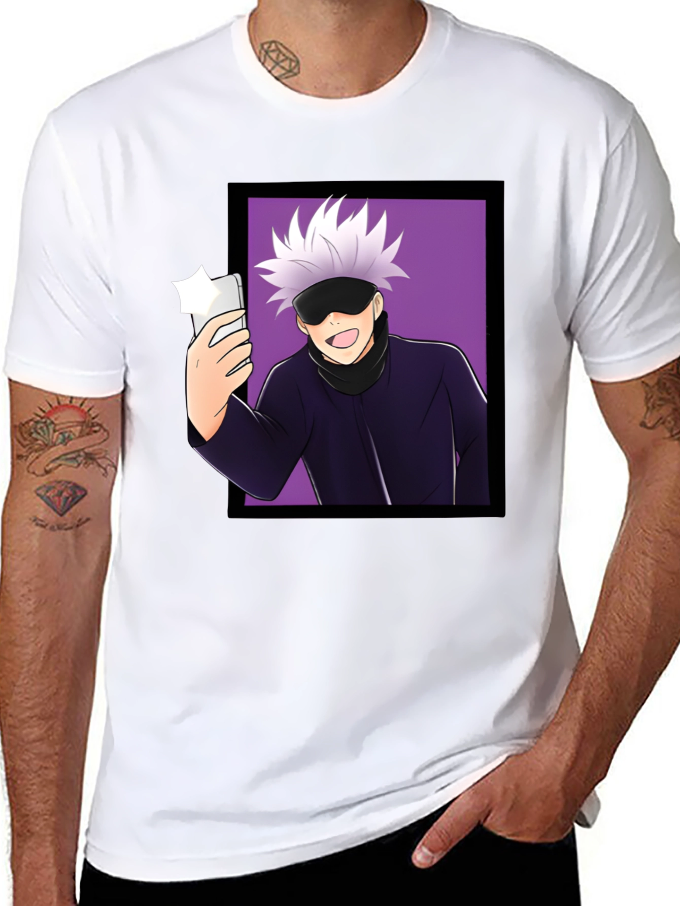 Anime Gojo Satoru Taking Selfie Graphic Black T-Shirt