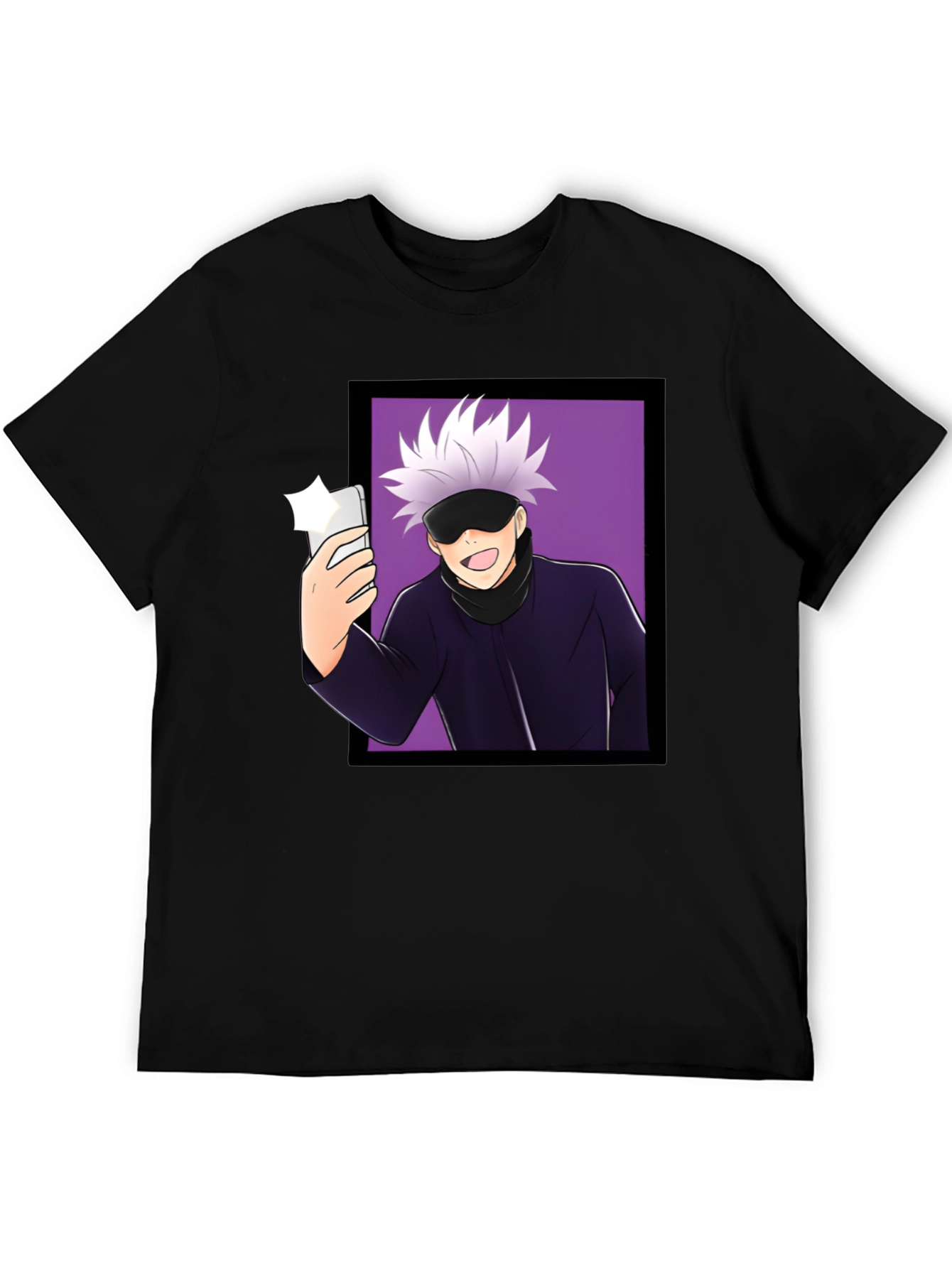 Anime Gojo Satoru Taking Selfie Graphic Black T-Shirt