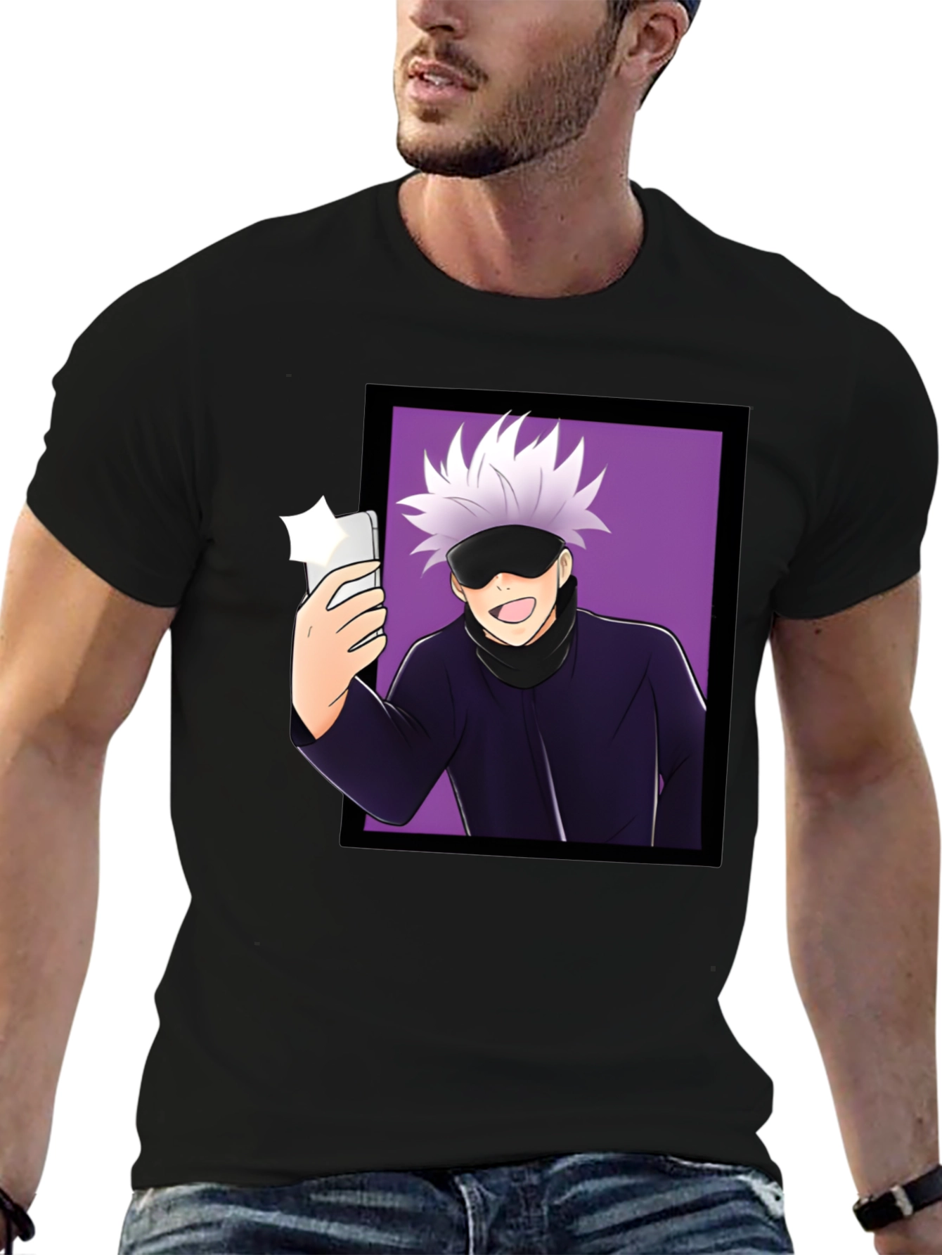 Anime Gojo Satoru Taking Selfie Graphic Black T-Shirt