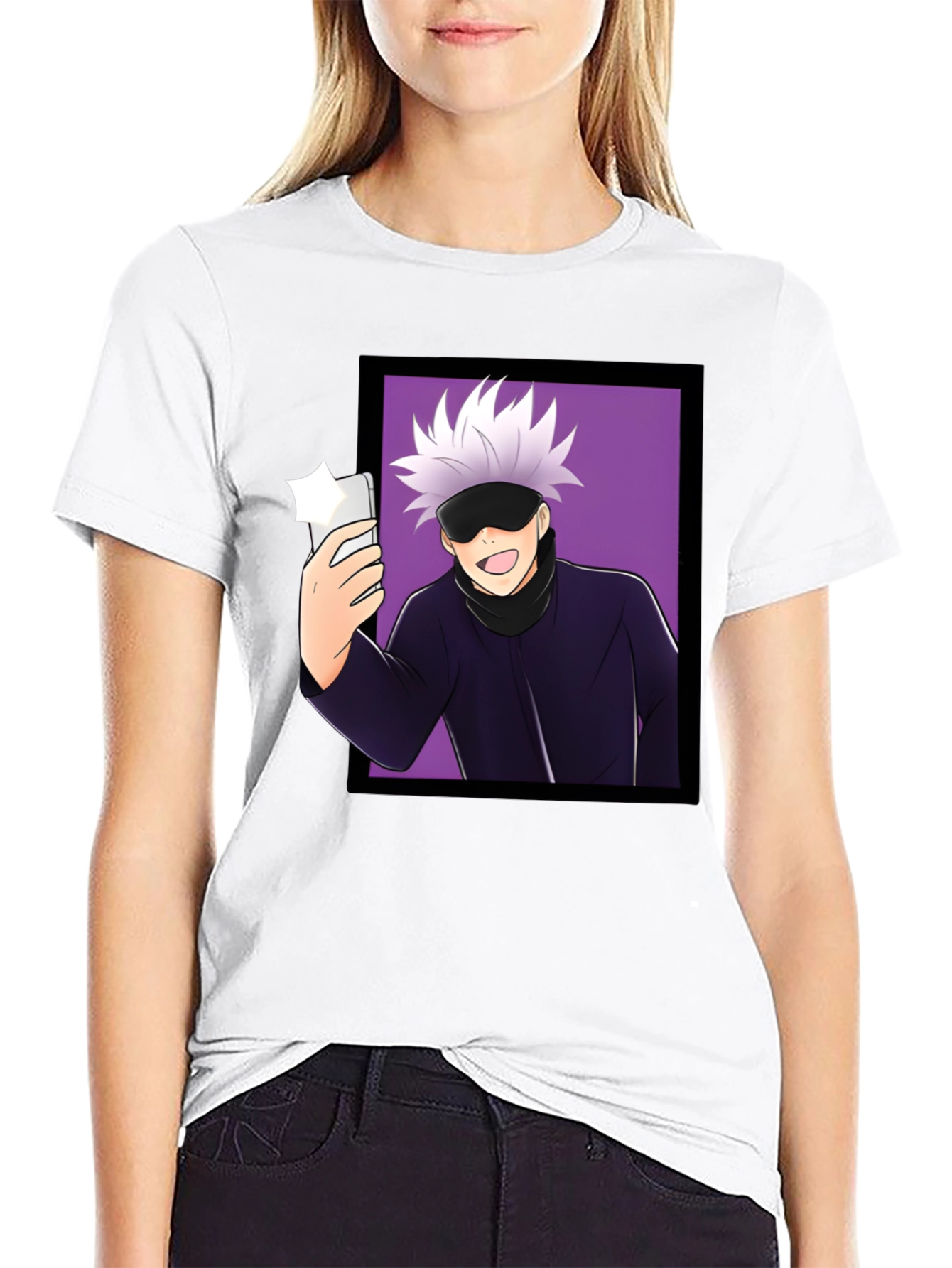 Anime Gojo Satoru Taking Selfie Graphic Black T-Shirt