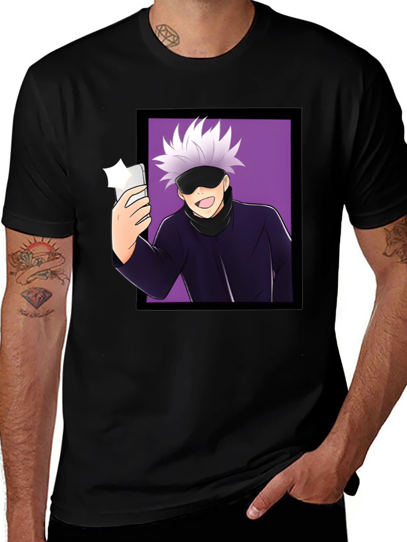 Anime Gojo Satoru Taking Selfie Graphic Black T-Shirt
