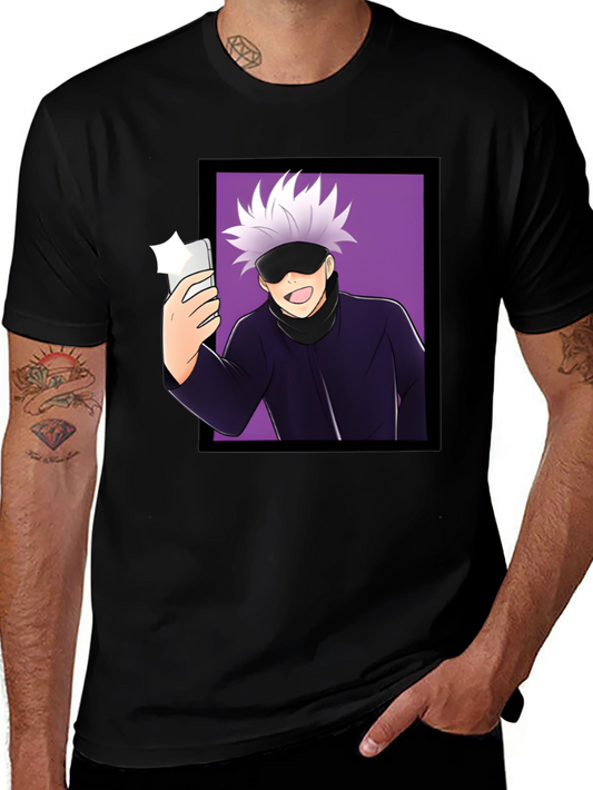 Anime Gojo Satoru Taking Selfie Graphic Black T-Shirt
