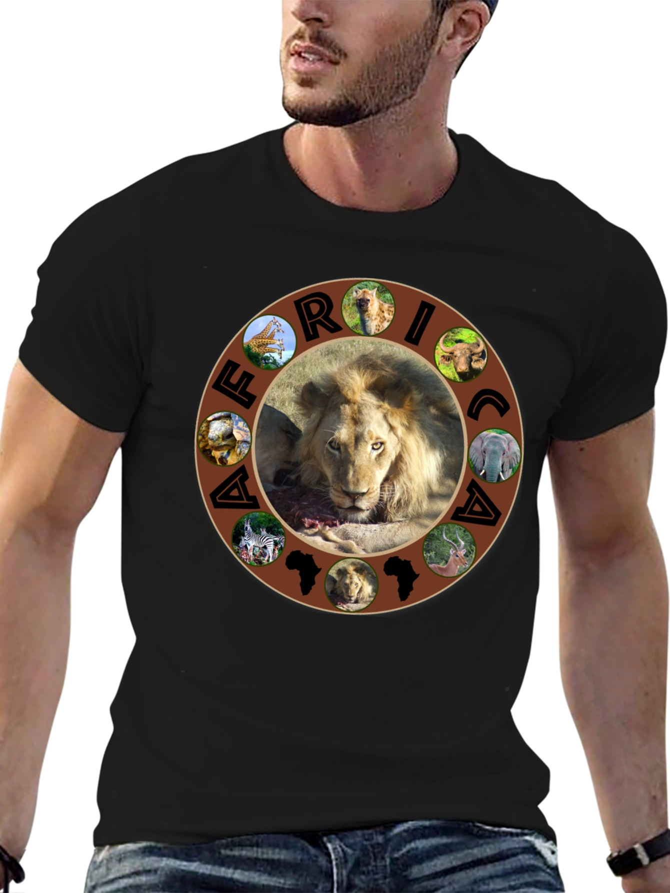 African Wildlife Graphic Tee - Lion & Continent Design