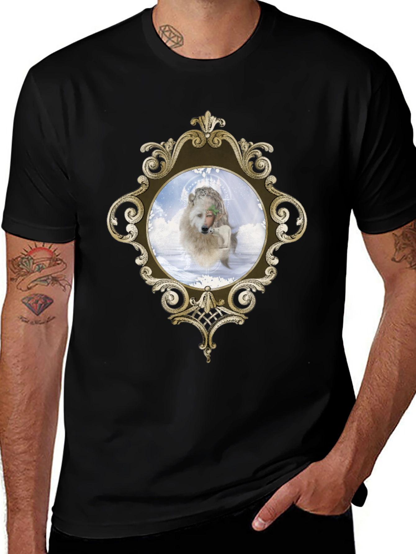 Ornate Framed Wolf Graphic Tee - Unique Design