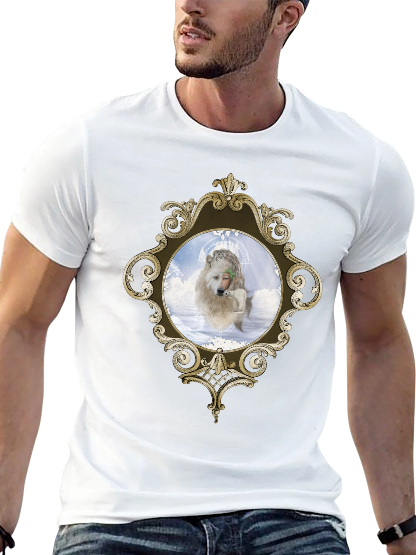 Ornate Framed Wolf Graphic Tee - Unique Design