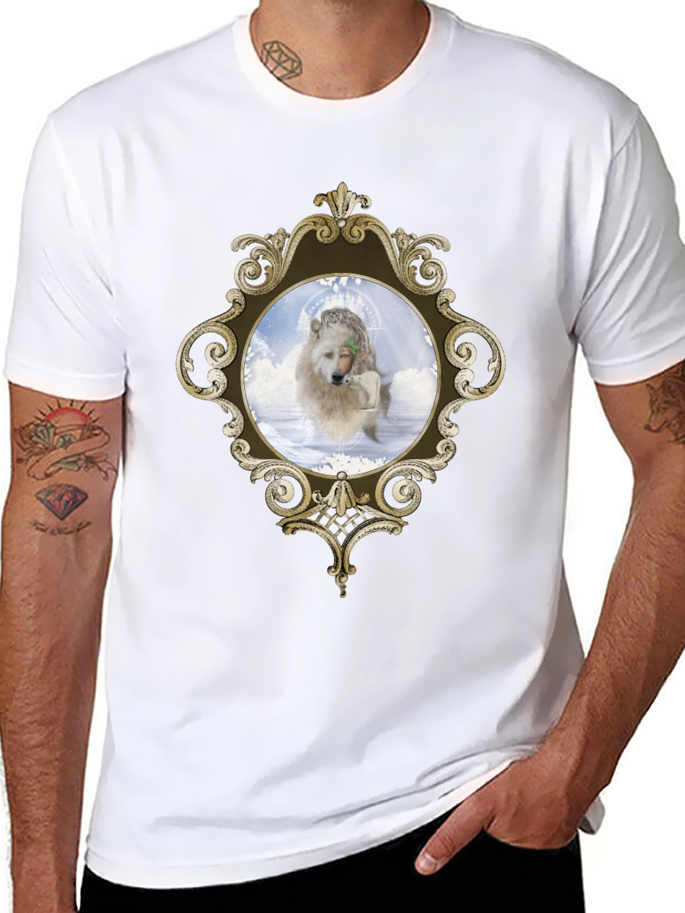 Ornate Framed Wolf Graphic Tee - Unique Design