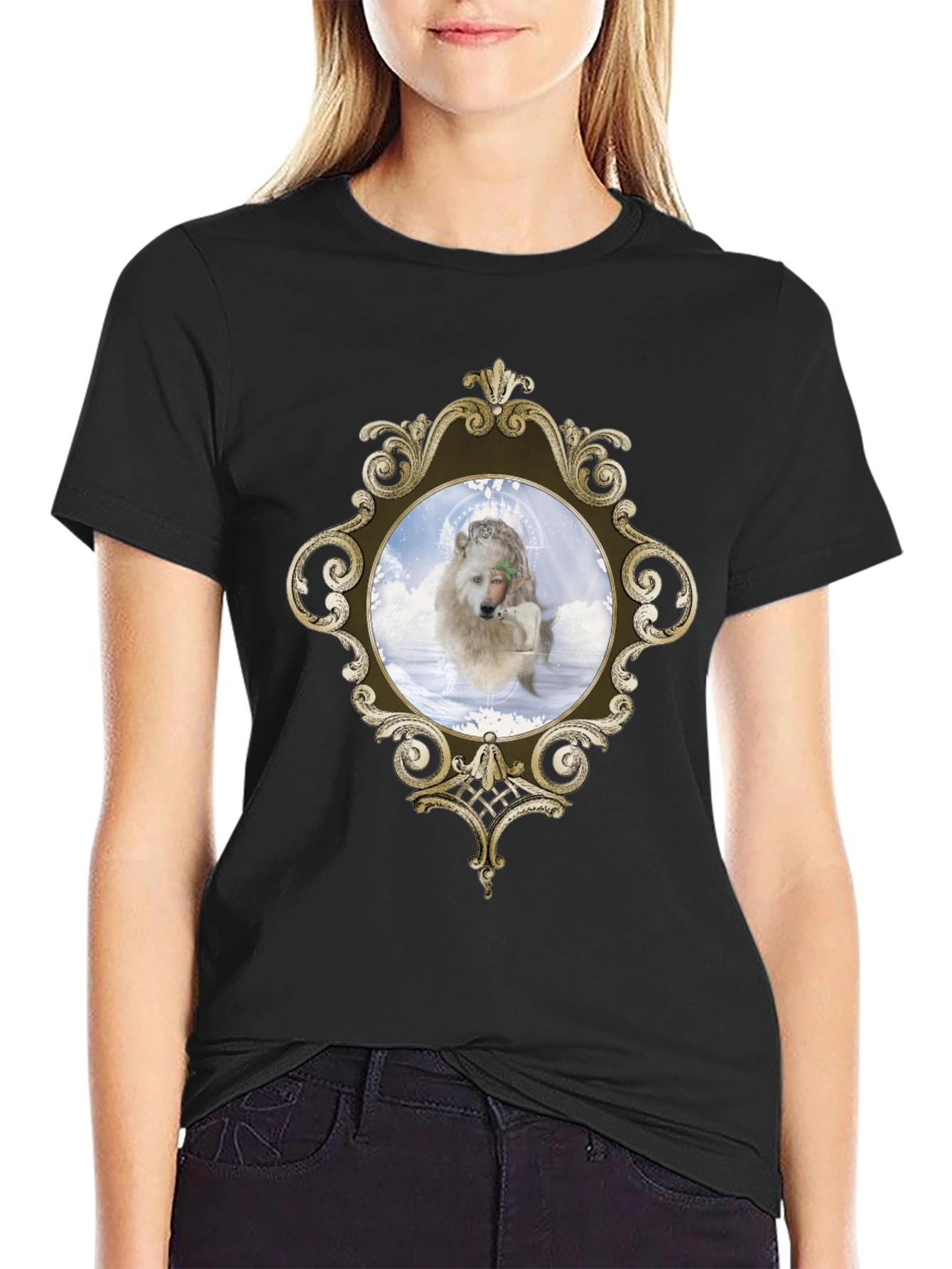 Ornate Framed Wolf Graphic Tee - Unique Design