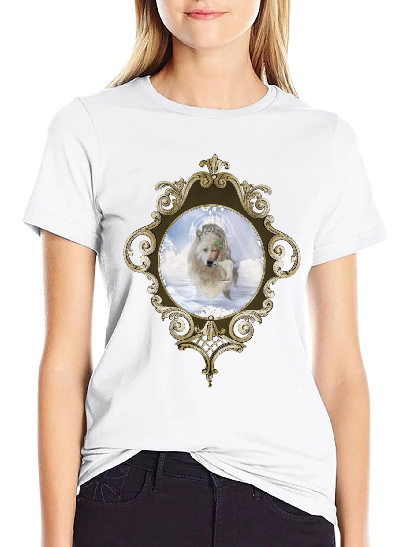 Ornate Framed Wolf Graphic Tee - Unique Design