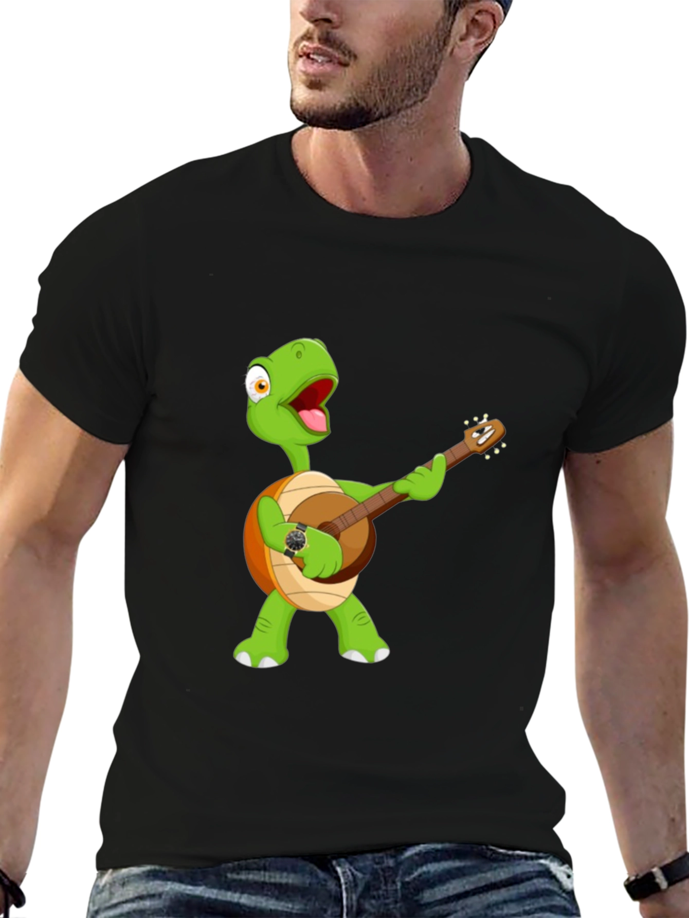 Cartoon Turtle Banjo Player Graphic T-Shirt