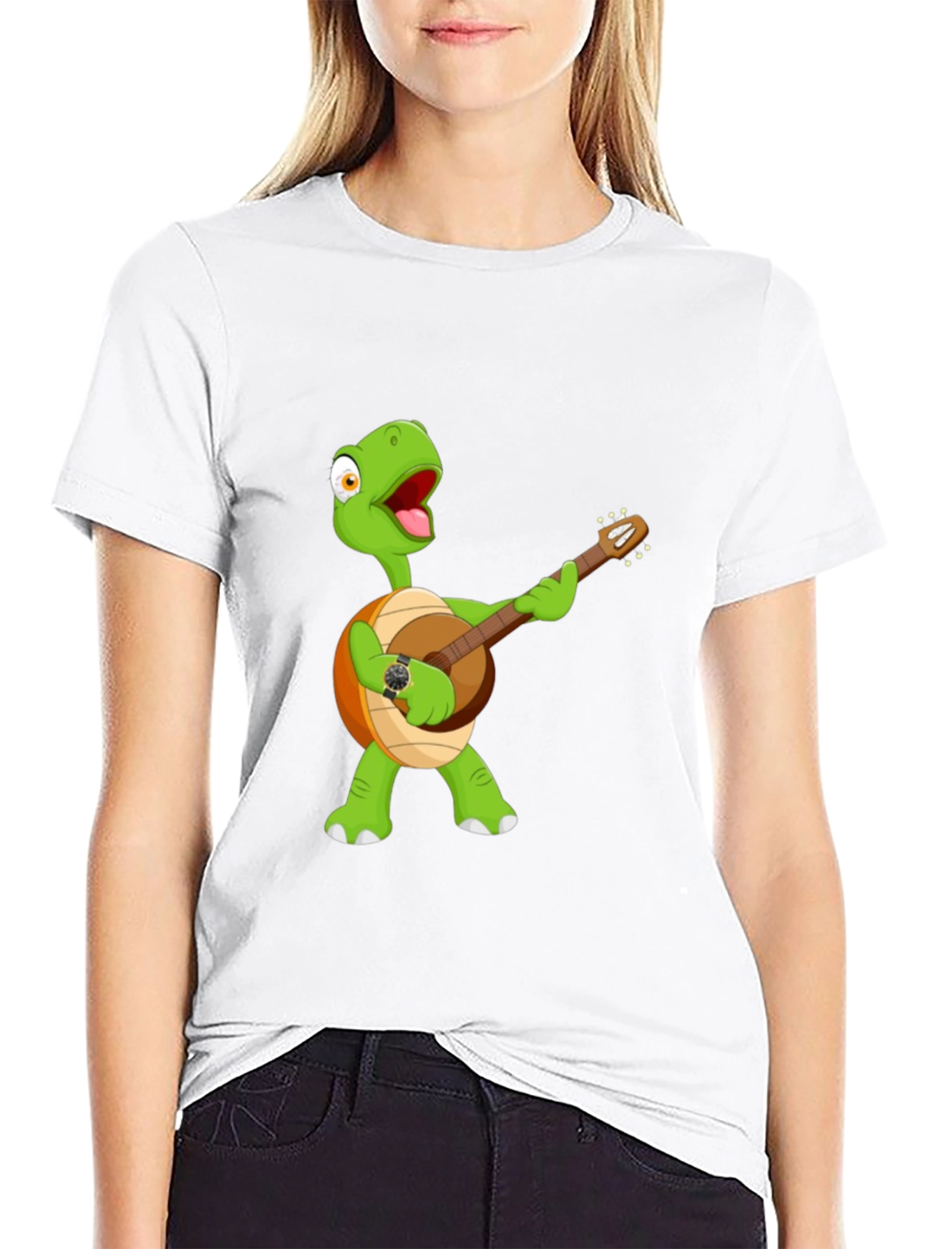 Cartoon Turtle Banjo Player Graphic T-Shirt