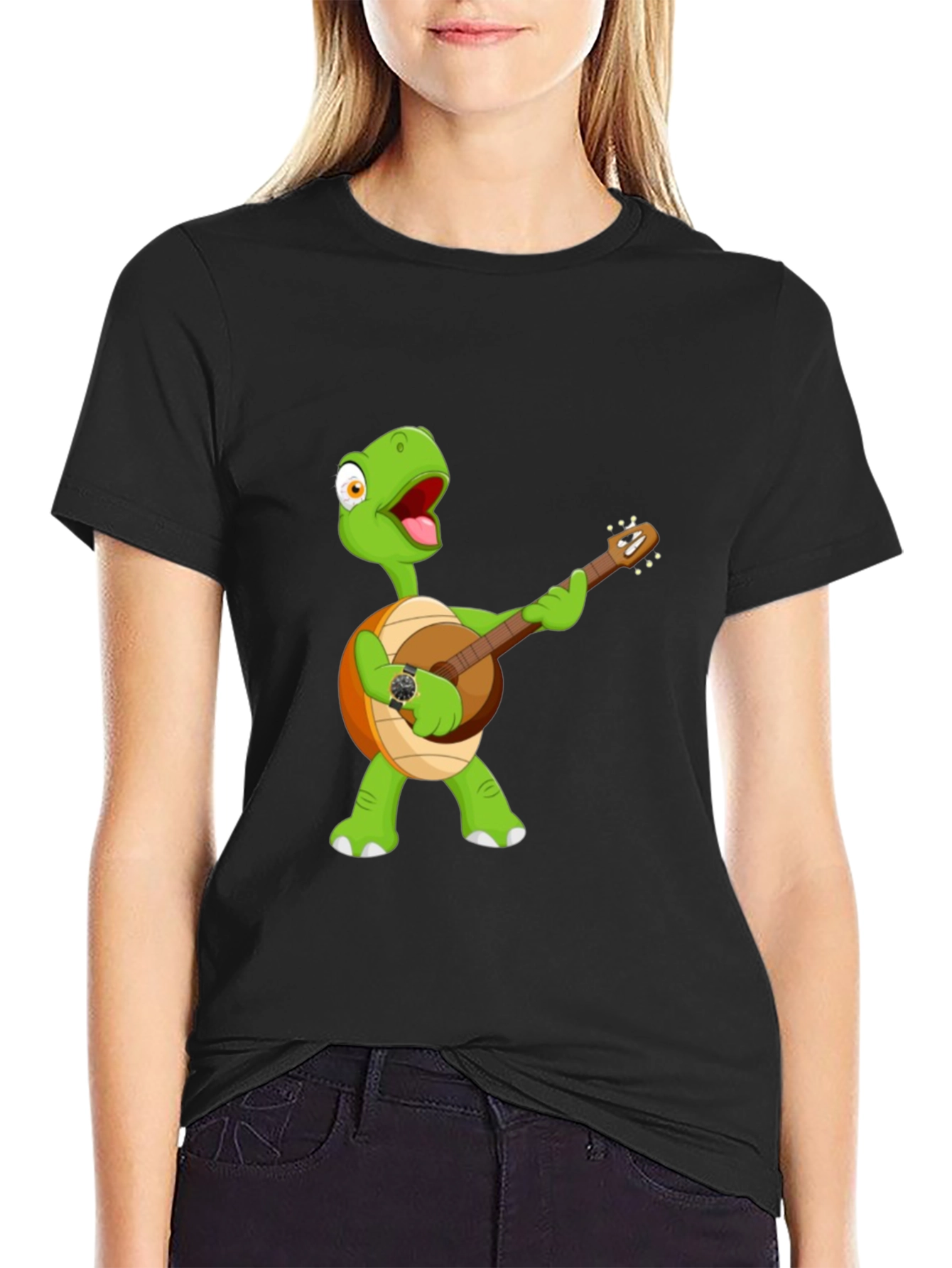 Cartoon Turtle Banjo Player Graphic T-Shirt
