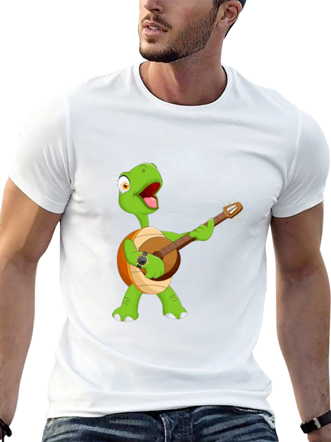 Cartoon Turtle Banjo Player Graphic T-Shirt