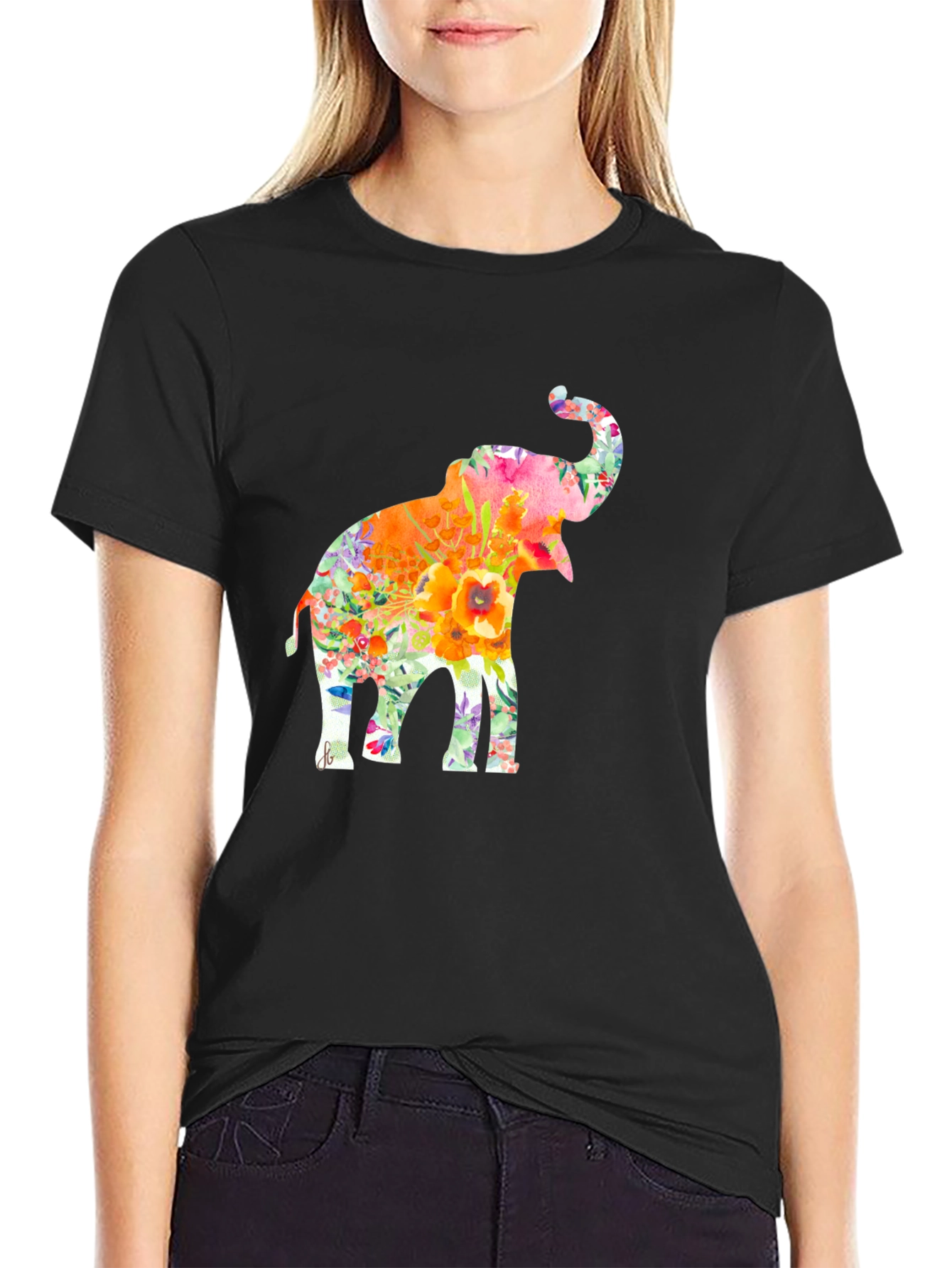 Floral Elephant Graphic Tee - Trendy Black T-Shirt
