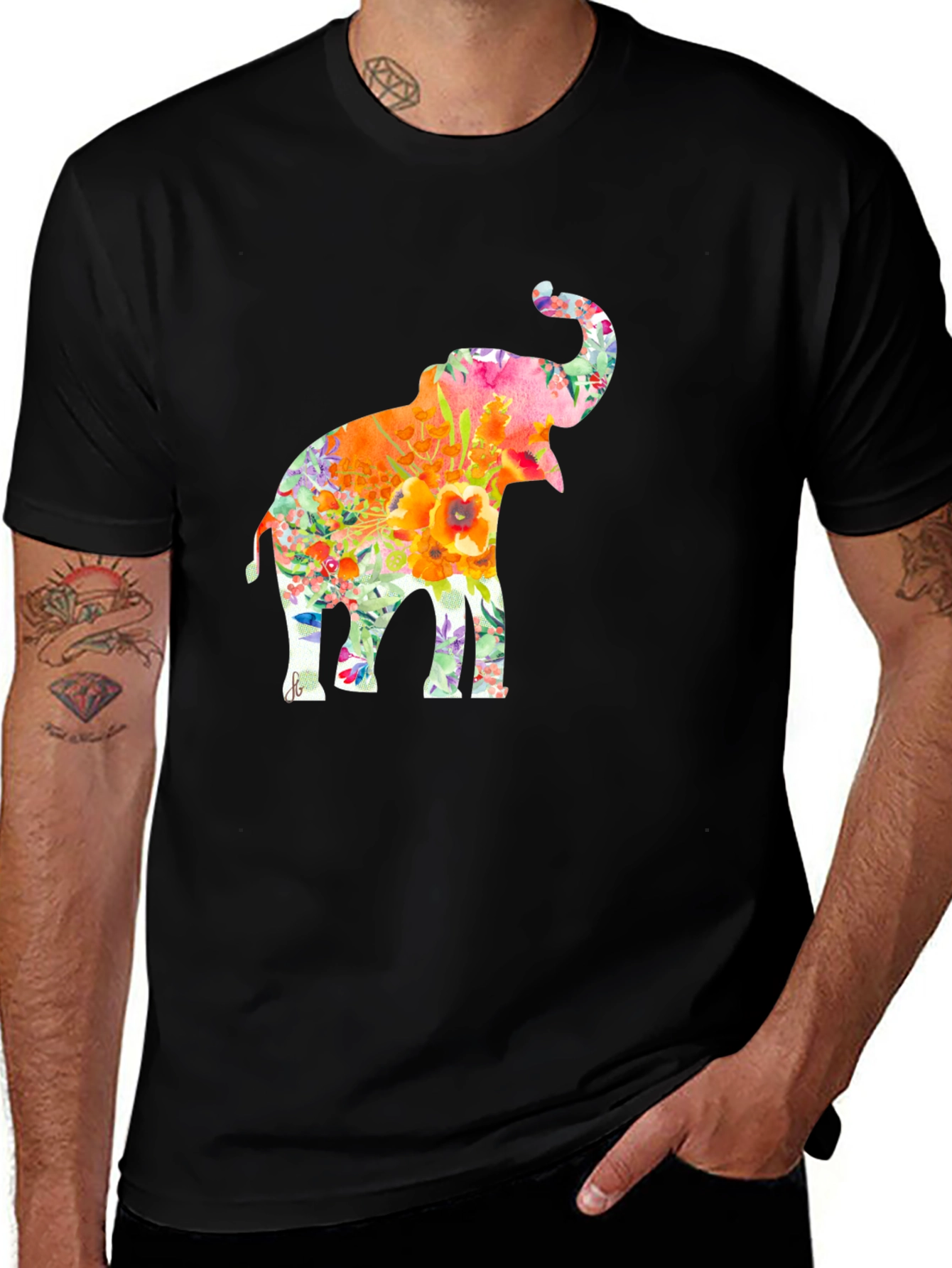 Floral Elephant Graphic Tee - Trendy Black T-Shirt