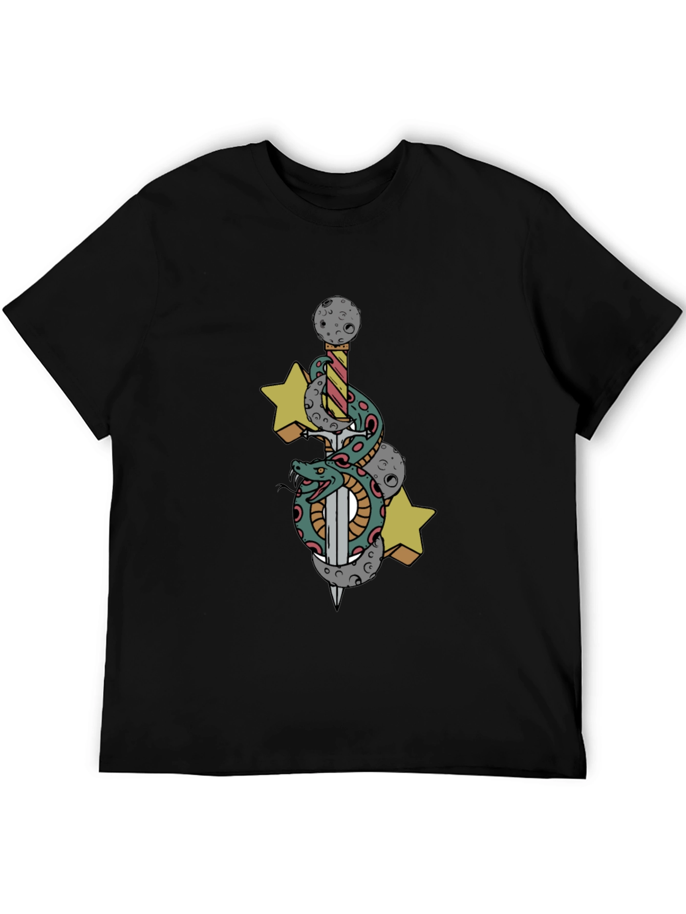Black T-Shirt with Snake Sword and Stars Design