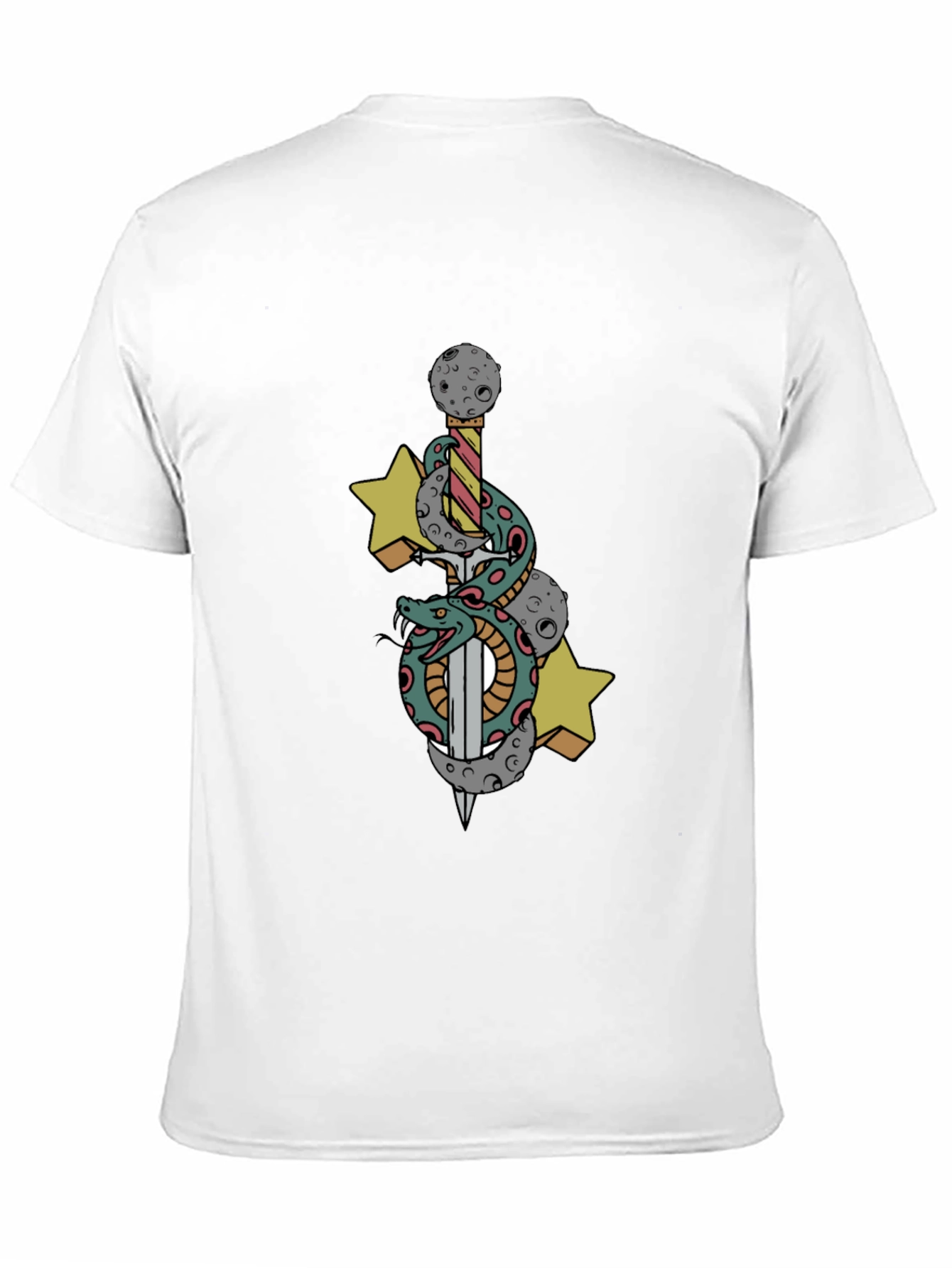 Black T-Shirt with Snake Sword and Stars Design