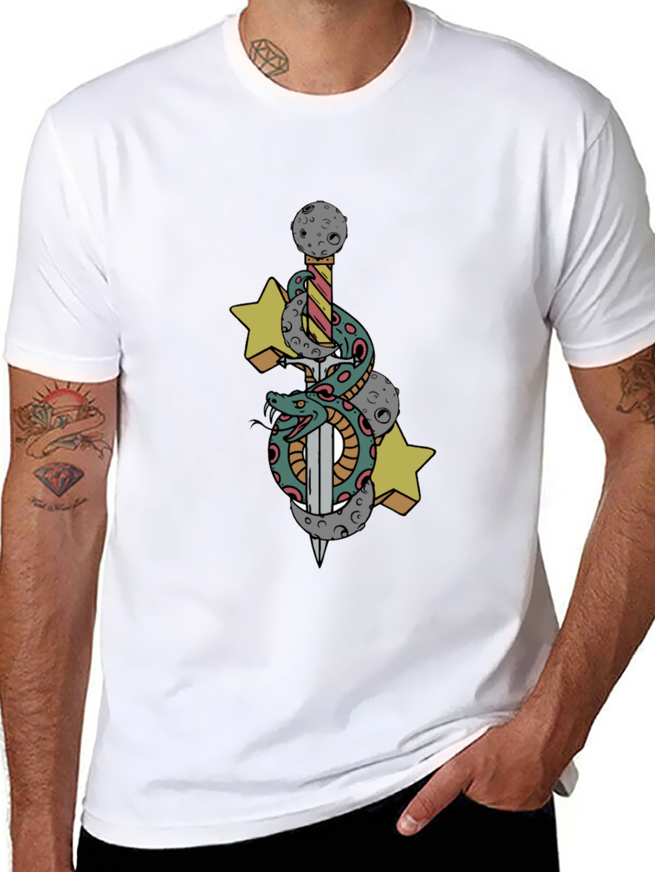 Black T-Shirt with Snake Sword and Stars Design