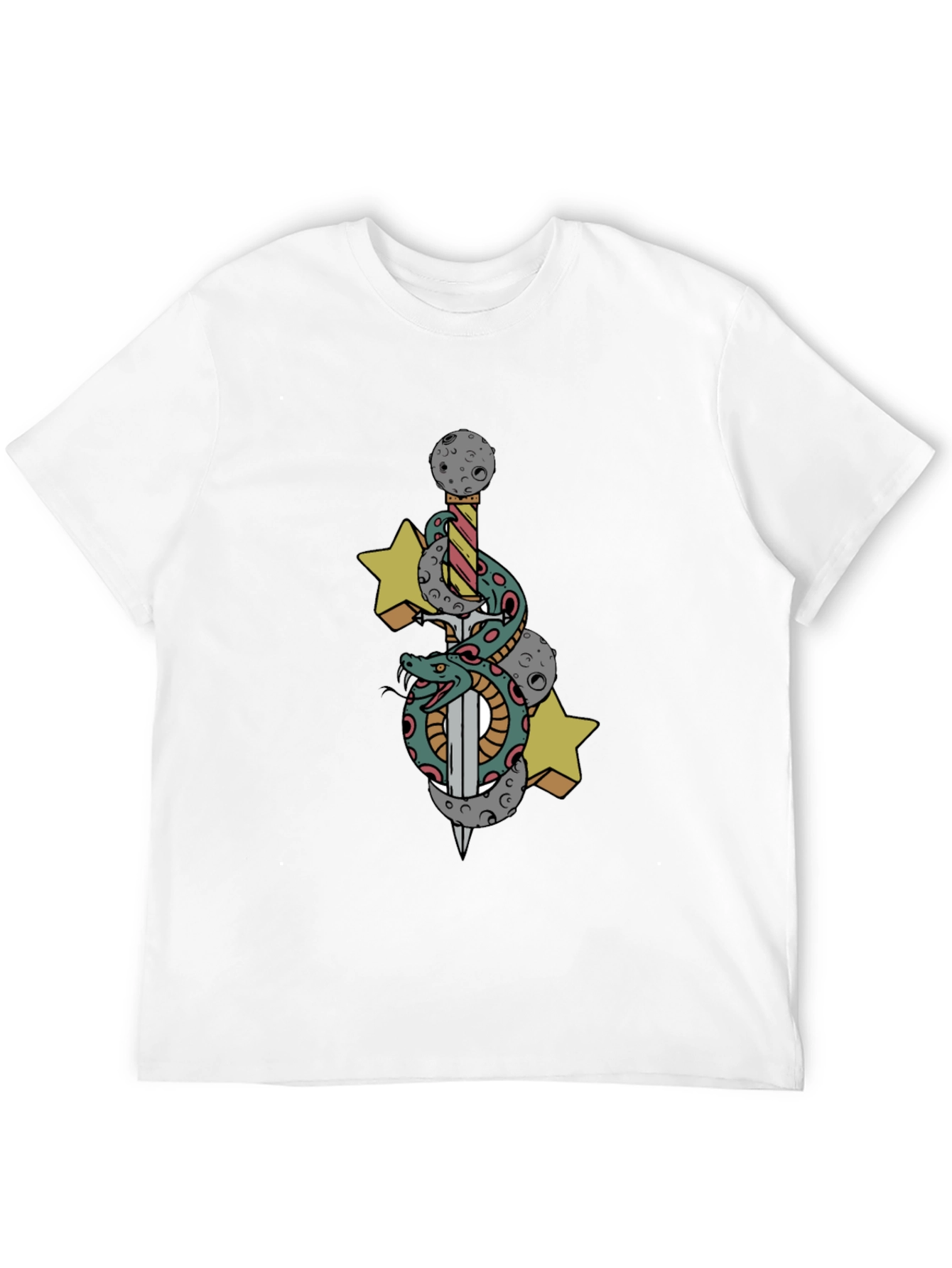 Black T-Shirt with Snake Sword and Stars Design