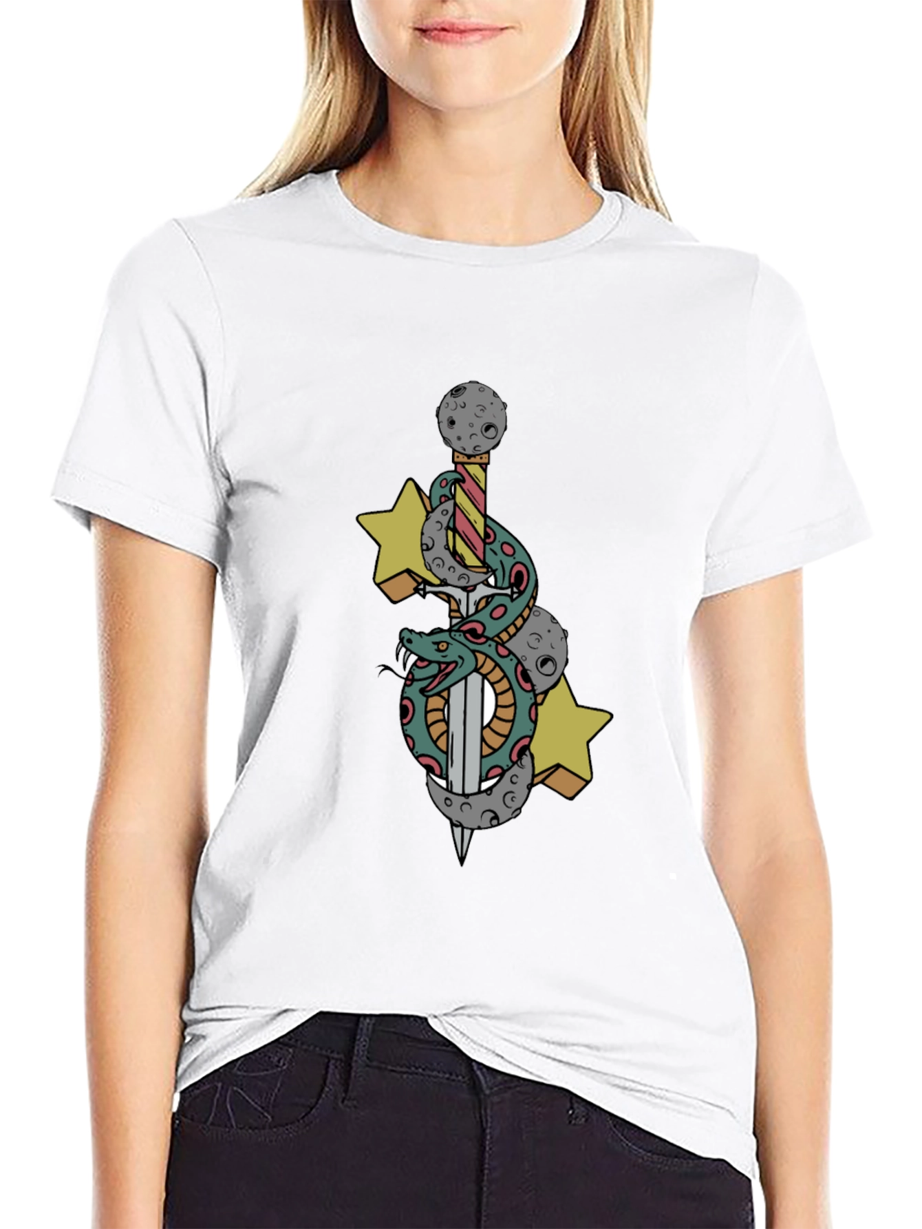 Black T-Shirt with Snake Sword and Stars Design