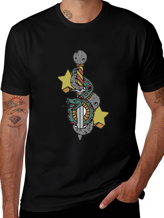 Black T-Shirt with Snake Sword and Stars Design