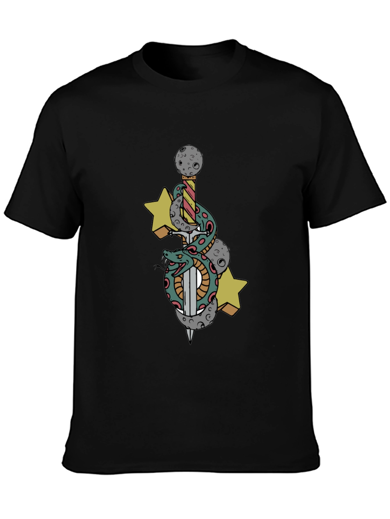Black T-Shirt with Snake Sword and Stars Design