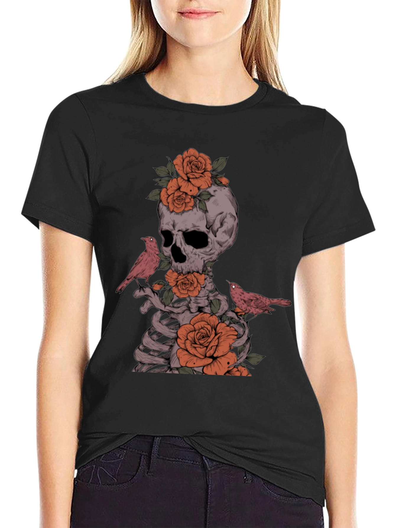 Skull Roses and Birds Graphic Tee