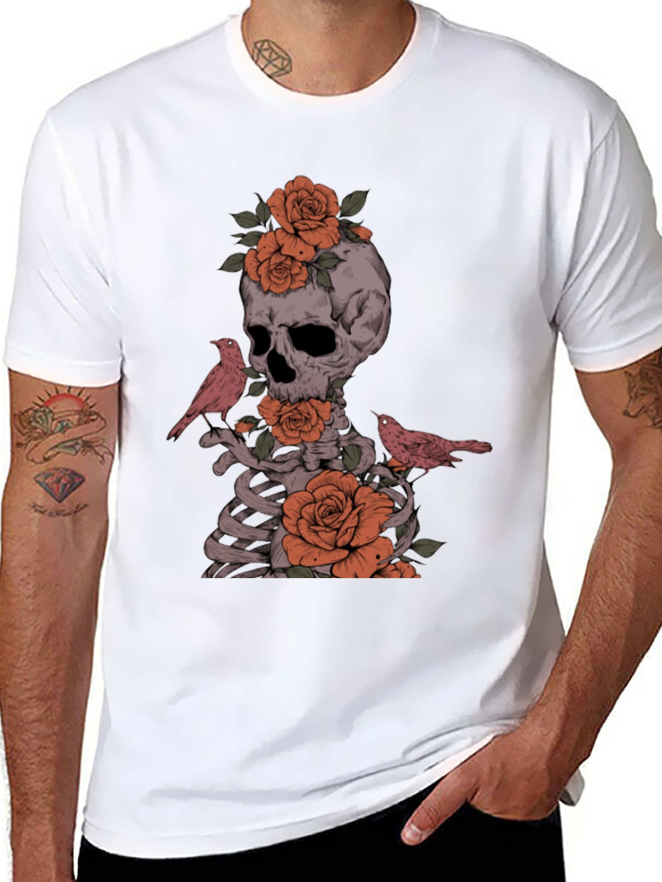 Skull Roses and Birds Graphic Tee