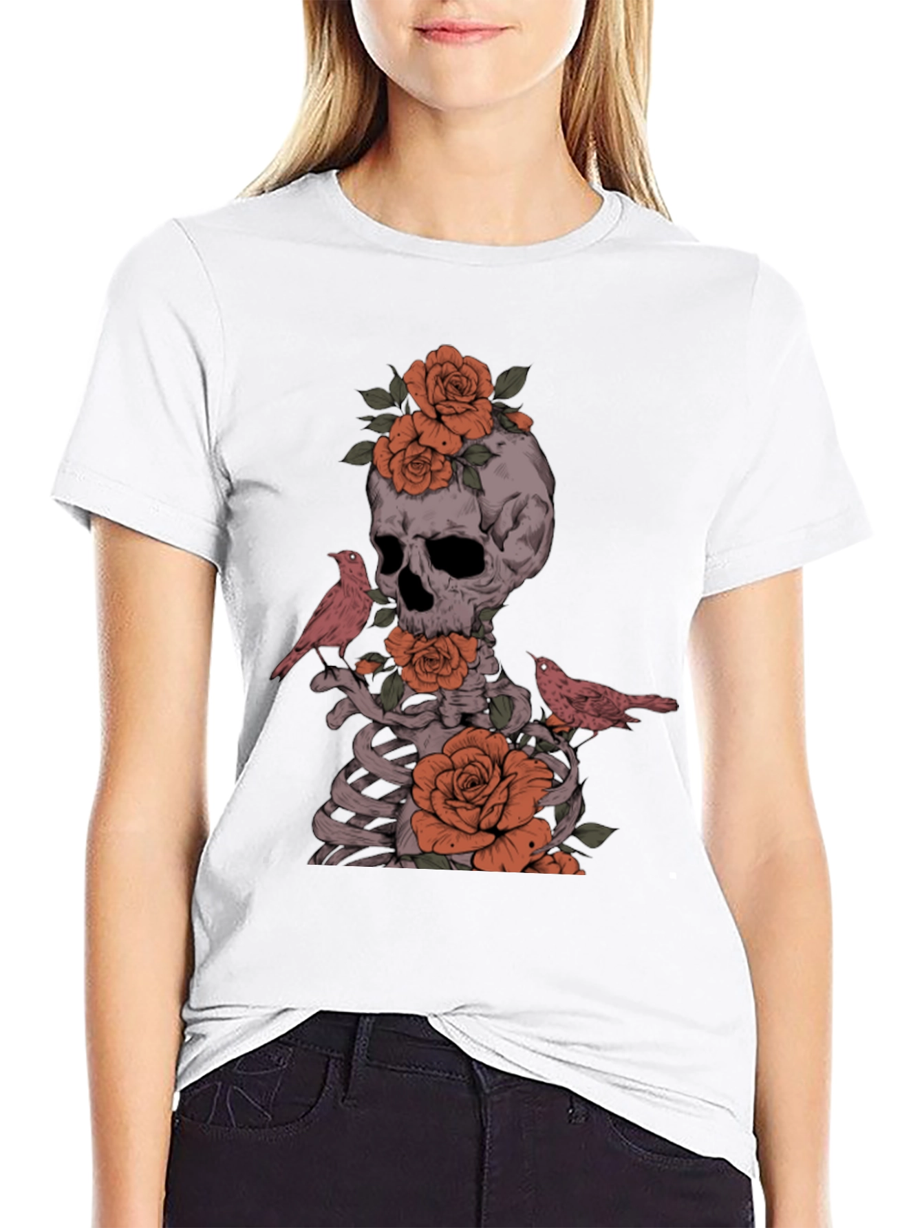 Skull Roses and Birds Graphic Tee