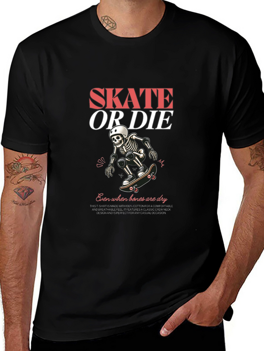 Skate or Die Skeleton Graphic Tee - Black Cotton T-Shirt