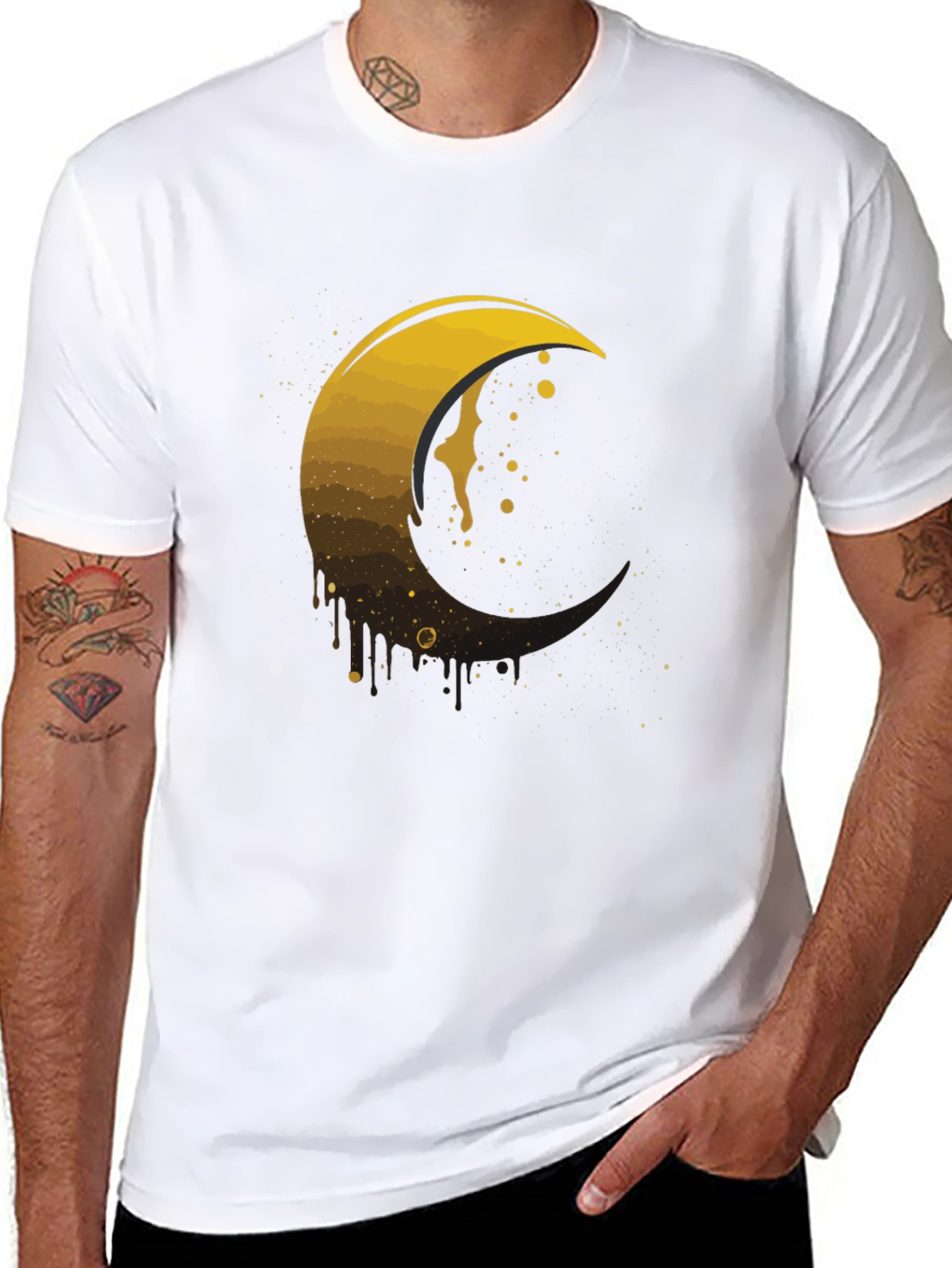 Golden Crescent Moon Graphic Tee - Modern Mens T-Shirt