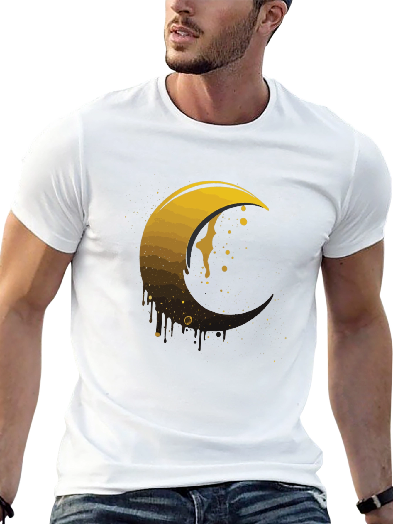 Golden Crescent Moon Graphic Tee - Modern Mens T-Shirt