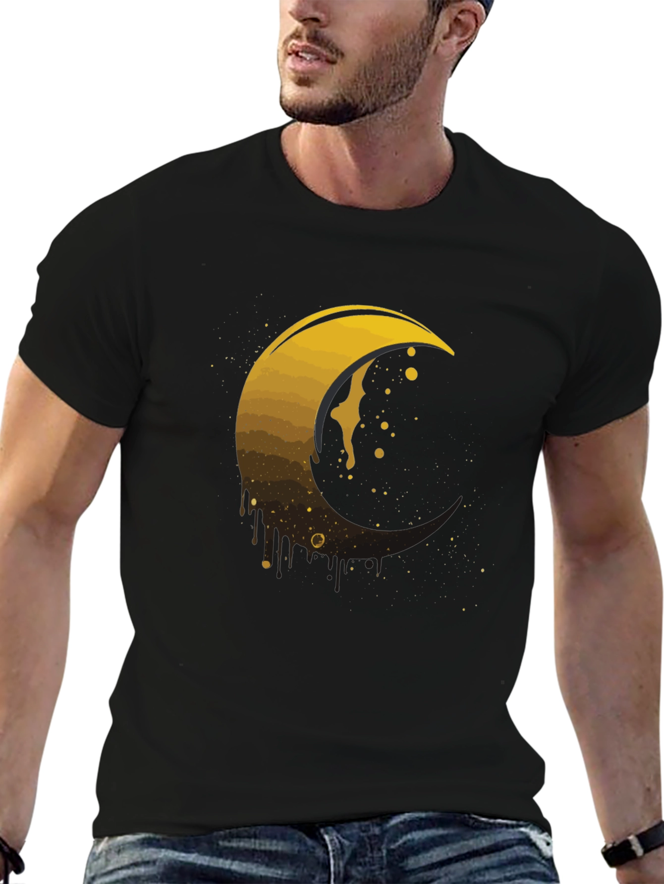 Golden Crescent Moon Graphic Tee - Modern Mens T-Shirt