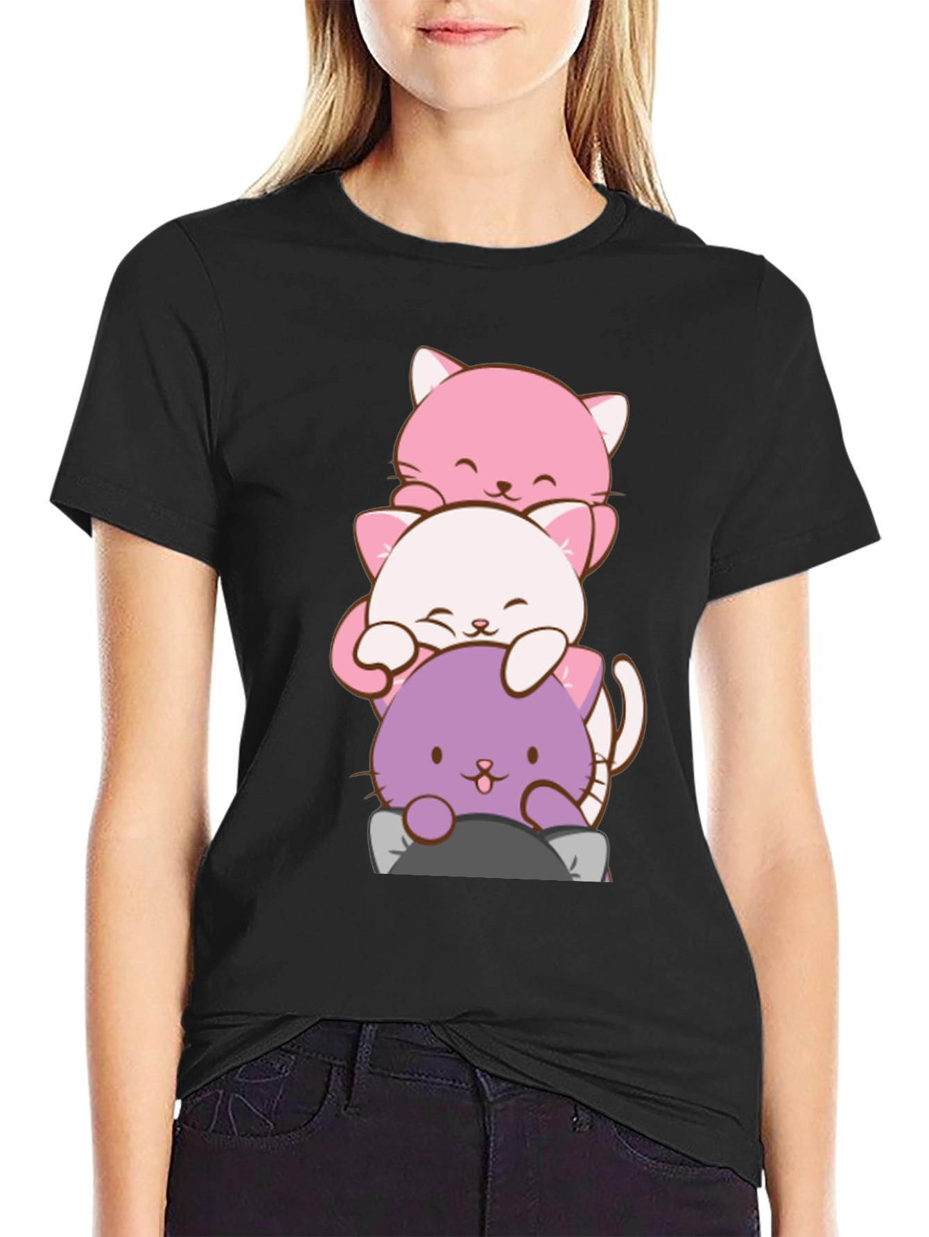 Cute Cat Stack T-Shirt - Kawaii Anime Style