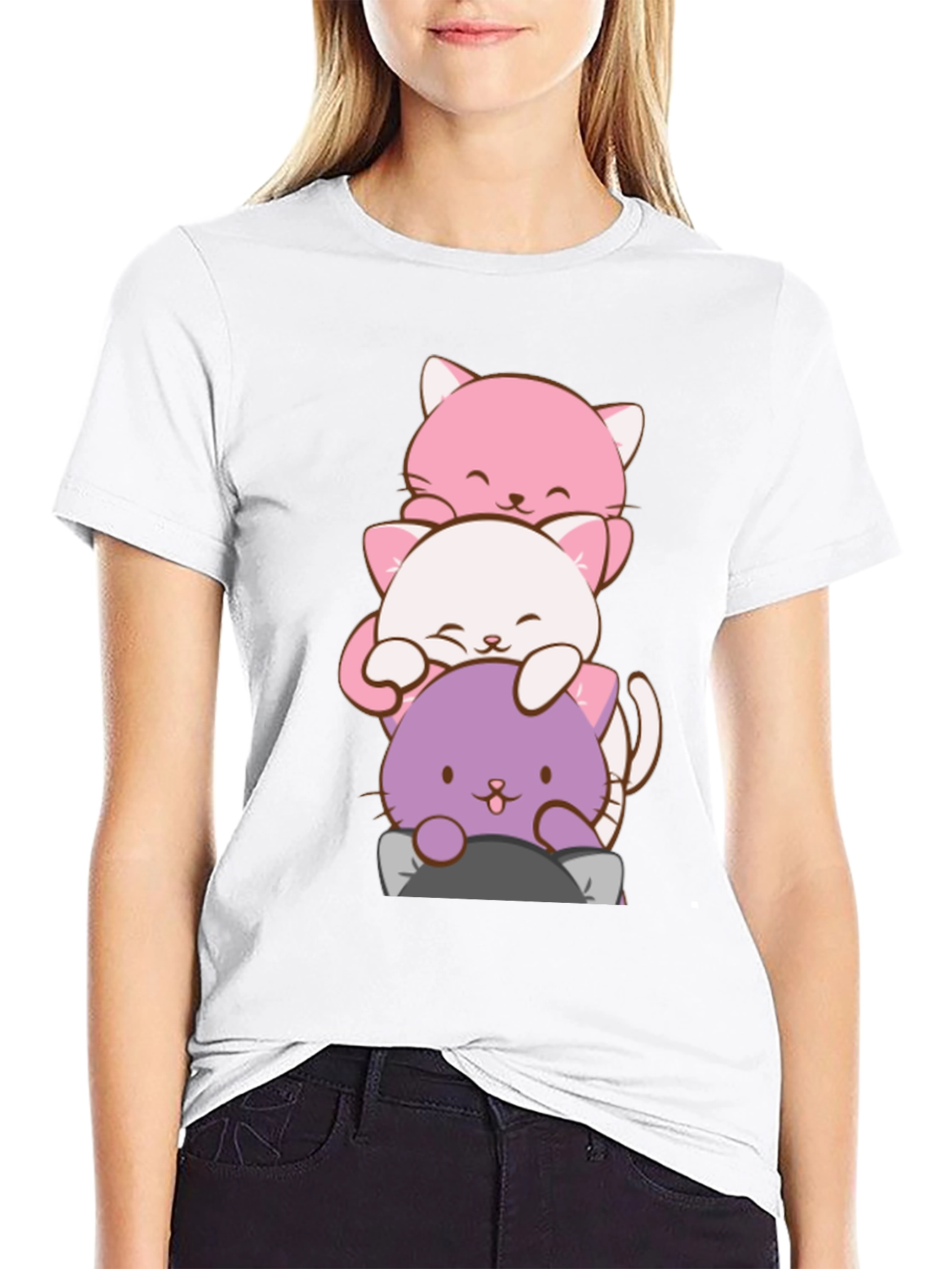 Cute Cat Stack T-Shirt - Kawaii Anime Style