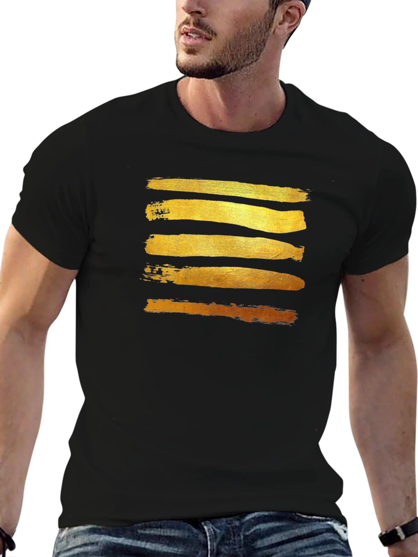 Gold Brushstroke Graphic Tee - Stylish Mens Black T-Shirt