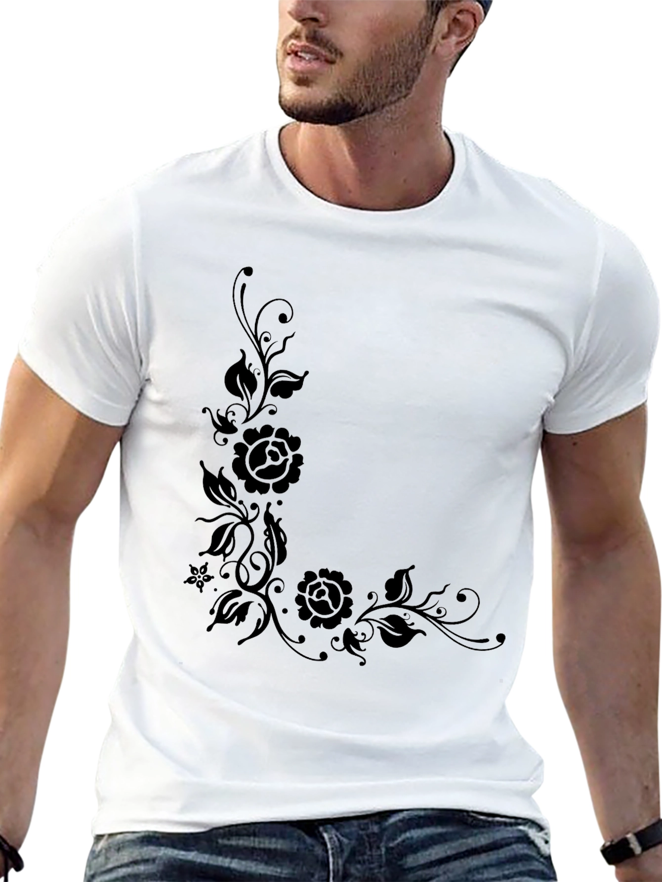 Elegant Black Floral Print T-Shirt for Men