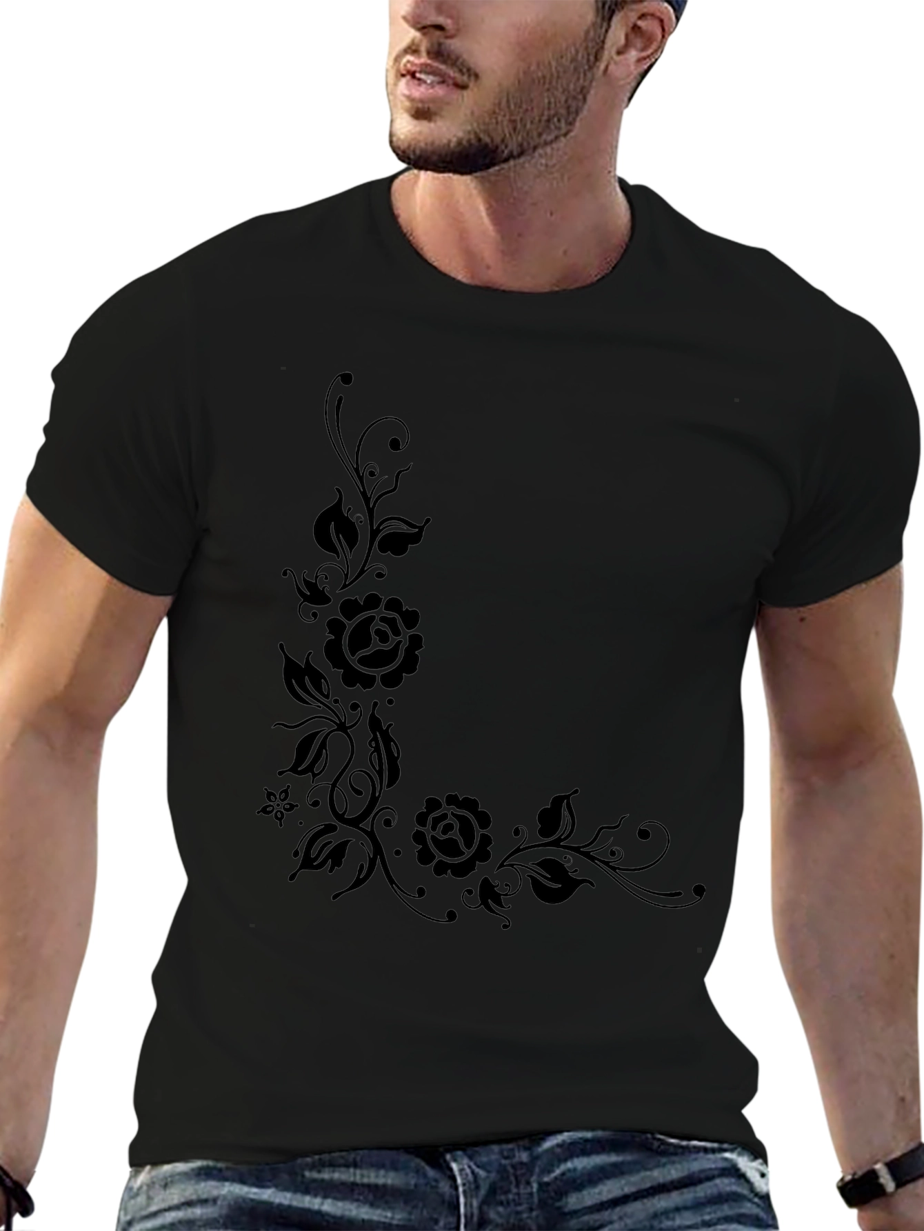 Elegant Black Floral Print T-Shirt for Men