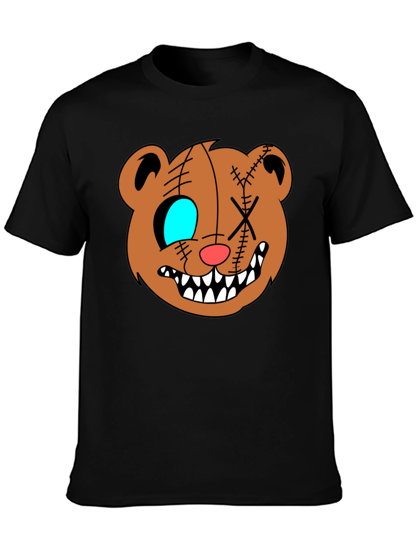 Creepy Cartoon Bear Graphic Black T-Shirt