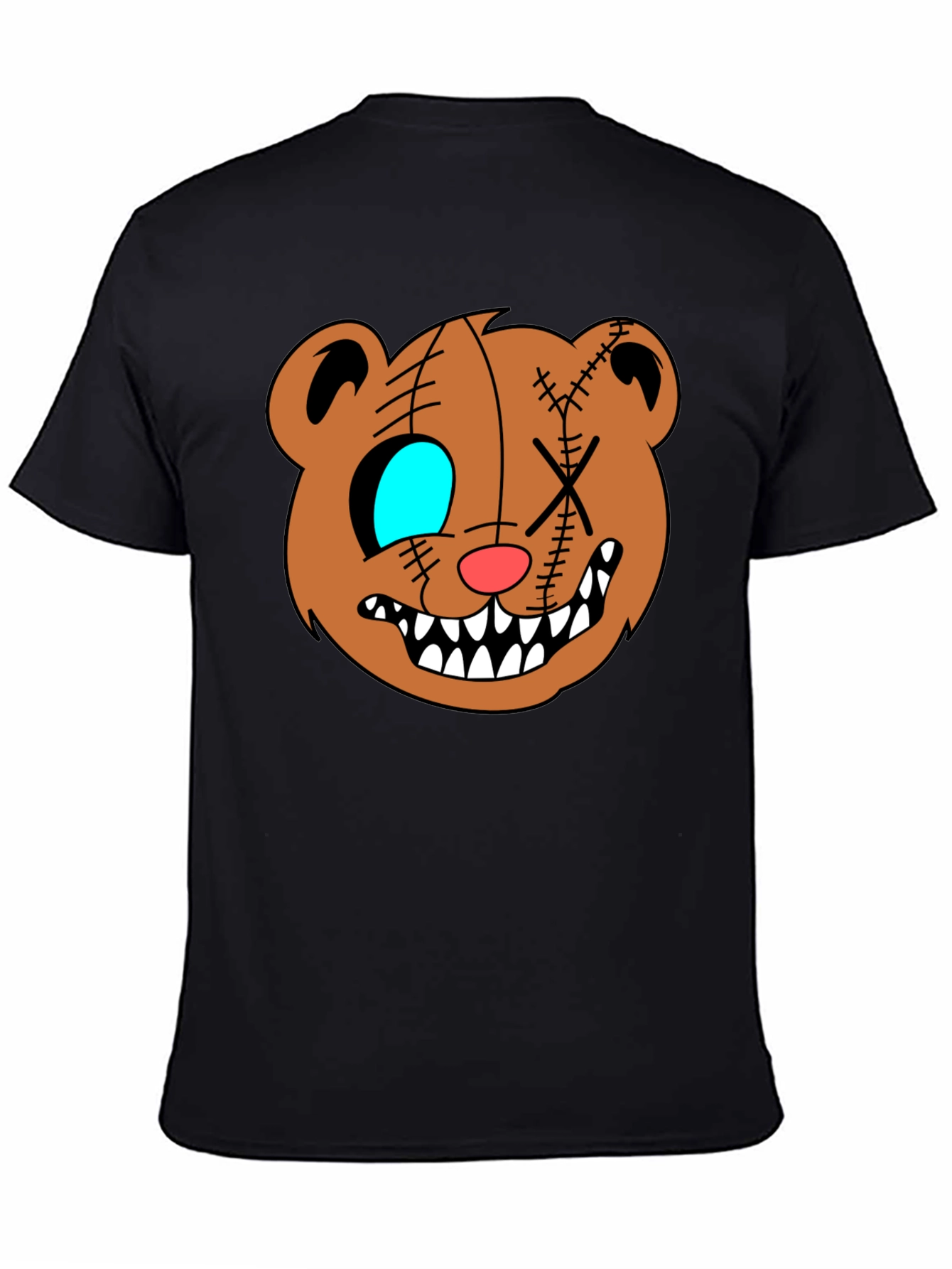 Creepy Cartoon Bear Graphic Black T-Shirt
