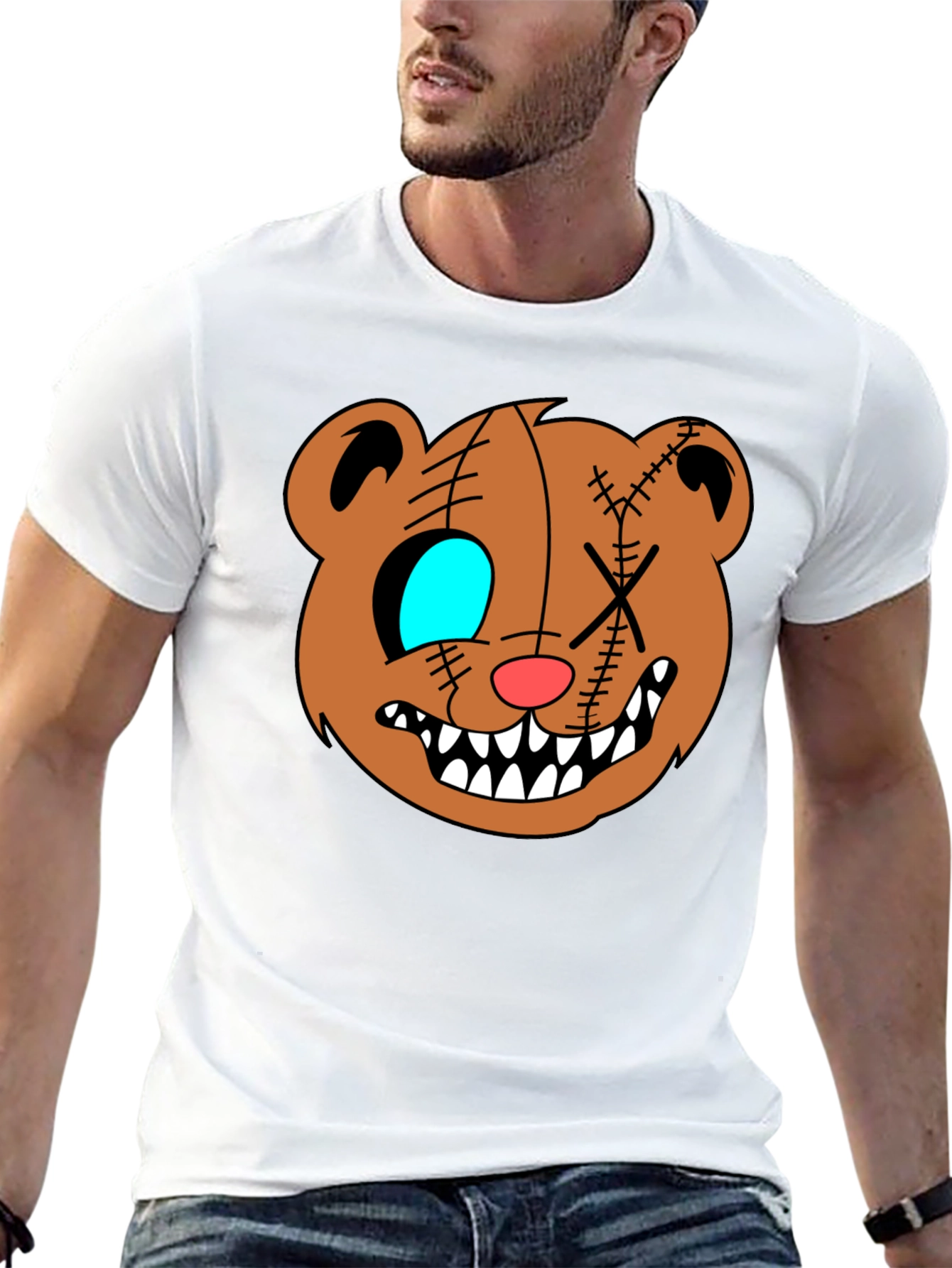 Creepy Cartoon Bear Graphic Black T-Shirt