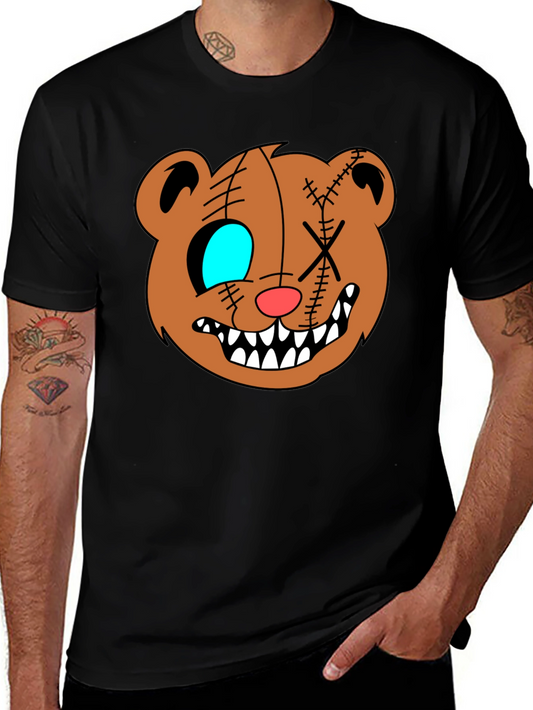 Creepy Cartoon Bear Graphic Black T-Shirt