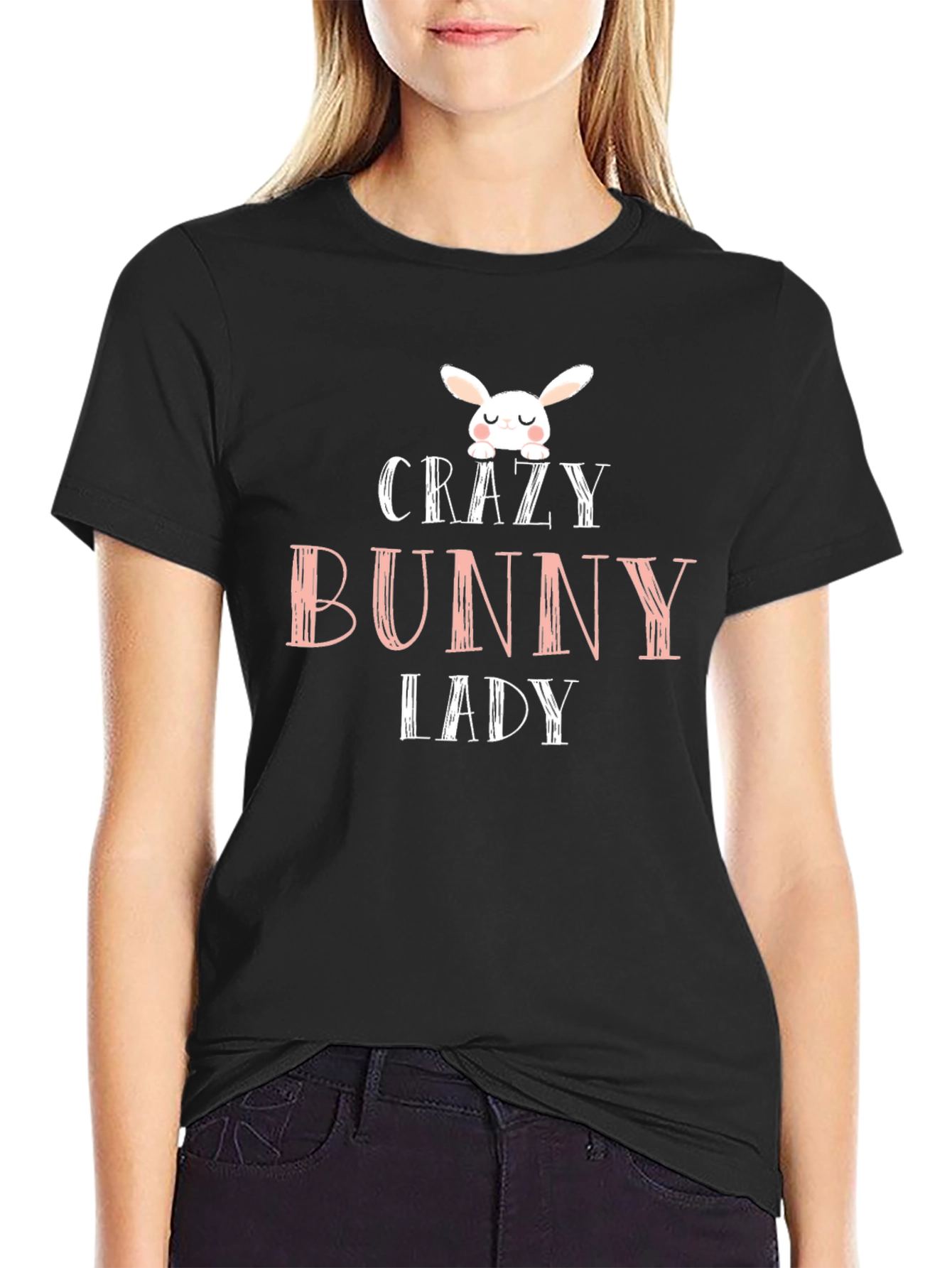 Crazy Bunny Lady Graphic Tee - Black Cotton T-Shirt