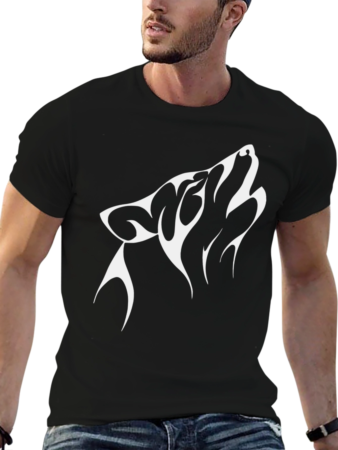 Black T-Shirt with Wolf Design